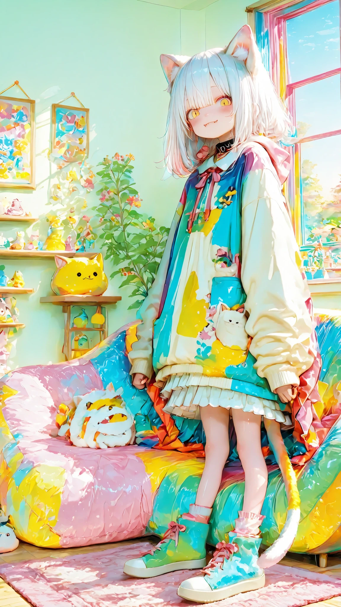 masterpiece, 8k, top quality, detail, High Resolution, digital painting, ultra detail, (detailed eyes:1.2), (sharp eye:1.1), (smooth skin in front of my sister:1.1), (glossy skin:1.2), anime girl with cat ears and tail, playful pose, Chasing a ball of yarn, fluffy white hair, Golden Cat Eyes , small fangs, hand with a sweater that is too big, Bell Color, pastel, cozy living room, sunlight shining through a window, cute and innocent expression, detailed lighting, soft atmosphere