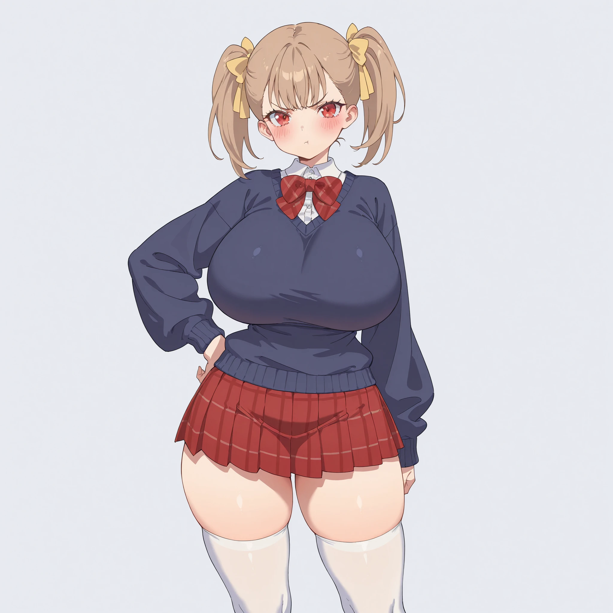 masterpiece, ultra-HD, impressionism, high detail, best quality, very aesthetic, 8K, best quality, beautiful, ultra-high resolution, 32K UHD, sharp focus, 1girl, solo, Rumi, light brown hair, twin pigtails, middle bangs, hair ribbons, yellow ribbons, red eyes, eyelashes, , narrow waist, wide , thick thighs, shapely legs, slim, white buttoned shirt, shirt collar, navy blue sweater, red plaid bowtie, red plaid pleated skirt, white thigh high socks, blush, pout, angry, cute, hand on , standing, looking at the viewer, simple background, front view