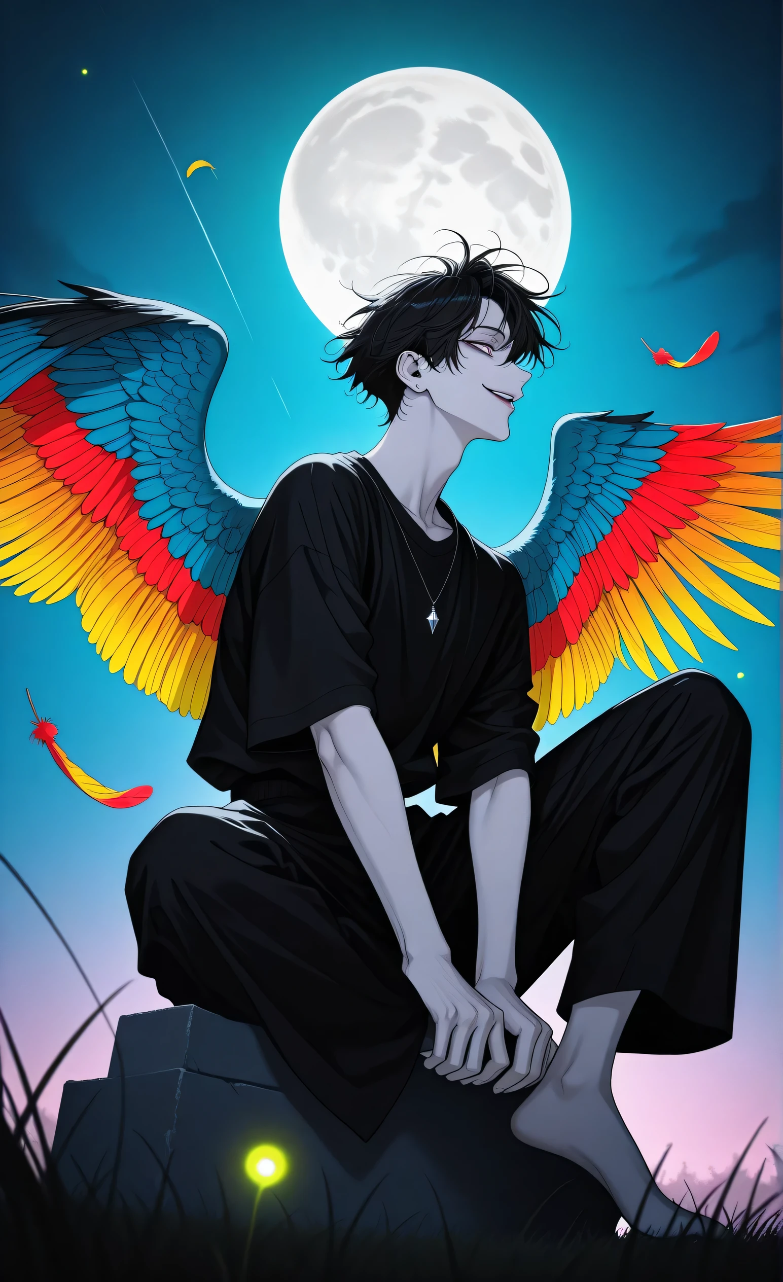 male,ultra-detailed, high detail, best quality, masterpiece, sharp focus, detailed shadows, vivid colors, anime art, illustration, fantasy art, 1male, solo, bottom-up view, low angle, a slender young man with pale skin, black hair blowing in the wind, long eyelashes, glass retina, narrow elongated black pupils, a cunning smile looking at the viewer, open lips, vibrant multicolored wings (colorful parrot feathers), a wearing bright colorful clothing, bare feet, sitting on the grass in a park at night, full moon, fireflies and magical lights floating in the air, rays of light shining from above, dark atmosphere, pose: half-turned, one hand between legs, one leg extended forward (bent at the knee), fragile figure, profile view, emphasis on the eyes, detailed retina