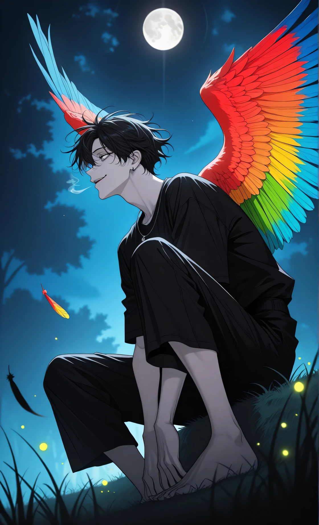 male,ultra-detailed, high detail, best quality, masterpiece, sharp focus, detailed shadows, vivid colors, anime art, illustration, fantasy art, 1male, solo, bottom-up view, low angle, a slender young man with pale skin, black hair blowing in the wind, long eyelashes, glass retina, narrow elongated black pupils, a cunning smile looking at the viewer, open lips, vibrant multicolored wings (colorful parrot feathers), a wearing bright colorful clothing, bare feet, sitting on the grass in a park at night, full moon, fireflies and magical lights floating in the air, rays of light shining from above, dark atmosphere, pose: half-turned, one hand between legs, one leg extended forward (bent at the knee), fragile figure, profile view, emphasis on the eyes, detailed retina