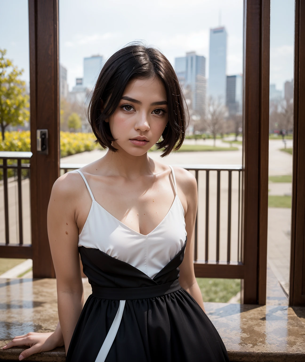 1girls, Nur, green Hair , 24 years old , full view shot of a natural looking beautiful woman, use new york city background, full moon night, 34d, deep neckline, sheer  metallic dress, long boots, 30 megapixels, 4k, 85mm lens, sharp focus, intricate details, long exposure time , f/8, ISO 100, shutter speed 1/125, Natural details in image, diffused retro illumination, small catch light, low contrast, high sharpness,  symmetry, depth of field, golden hour, ultra-detailed photography, ray-traced, global illumination , have short hair, keep their hair at shoulder level and slightly above their shoulders, the ends of their hair will be green, especially green.Best Quality, 8K, Masterpiece:1.3)), Focus: 1.2, Perfect Body Beauty: 1.4, Hips: 1.2, ,  High Detail  and Skin Texture, Thin Eyes, Double Eyelids, , Smile, 