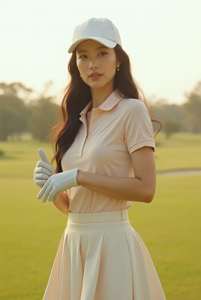 1girl in, 30 years old, Square face, Long hair, Looking at viewer, jewelry, Reality, , Short skirt outfit, , golf course backdrop, free pose