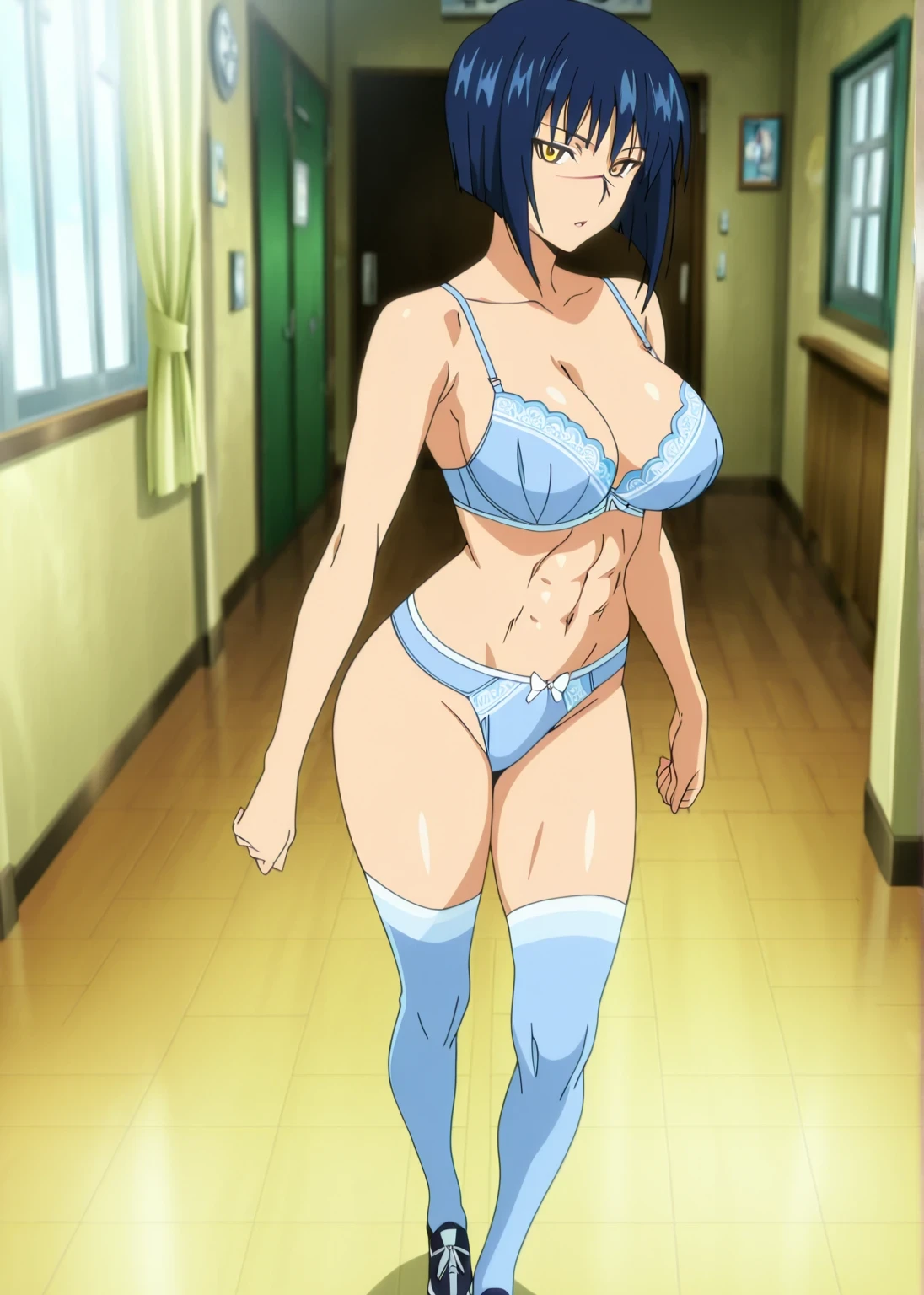 傑作、Best quality、Best resolution、Best image quality、amazing quality、 very aesthetic、 absurdres、anime coloring、anime screencap、anime screenshot、1woman、 AETokikoDef、solo、anime woman with big breast and big breasts posing for the camera、anime woman in a blue bra with a white lace trim and blue panty with a white bow、short dark blue haired woman、yellow eyed woman、bob cut、 scar on nose、anime moe art style、seductive anime woman、boobs、outfit:blue bra、blue panty、navy blue thigh high socks、tall woman、cool atmosphere、anime moe art style、big breasts、cleavage、very large breasts、large boobs、(anime woman)、Digital anime art !!、attractive anime woman、naughty anime style、美しい魅力的なアニメのティーン、Smooth anime CG art、class room、indoor、cleavage、navel、midriff、abs、collarbone、biceps、triceps、deltoids、thigh muscles、bare shoulders、bare arms、bare crotch、bra with an blue、panty with an blue、thigh high socks with an navy blue、full body、Indoor shoes、woman is a standing、Digital anime art!!、cowboy shot、looking at viewer、female focus、perfect body、full body、sexy anime woman、anime best woman、solo、underwear only、bra and panty only、8k!!、high resolution!!、very detialed、