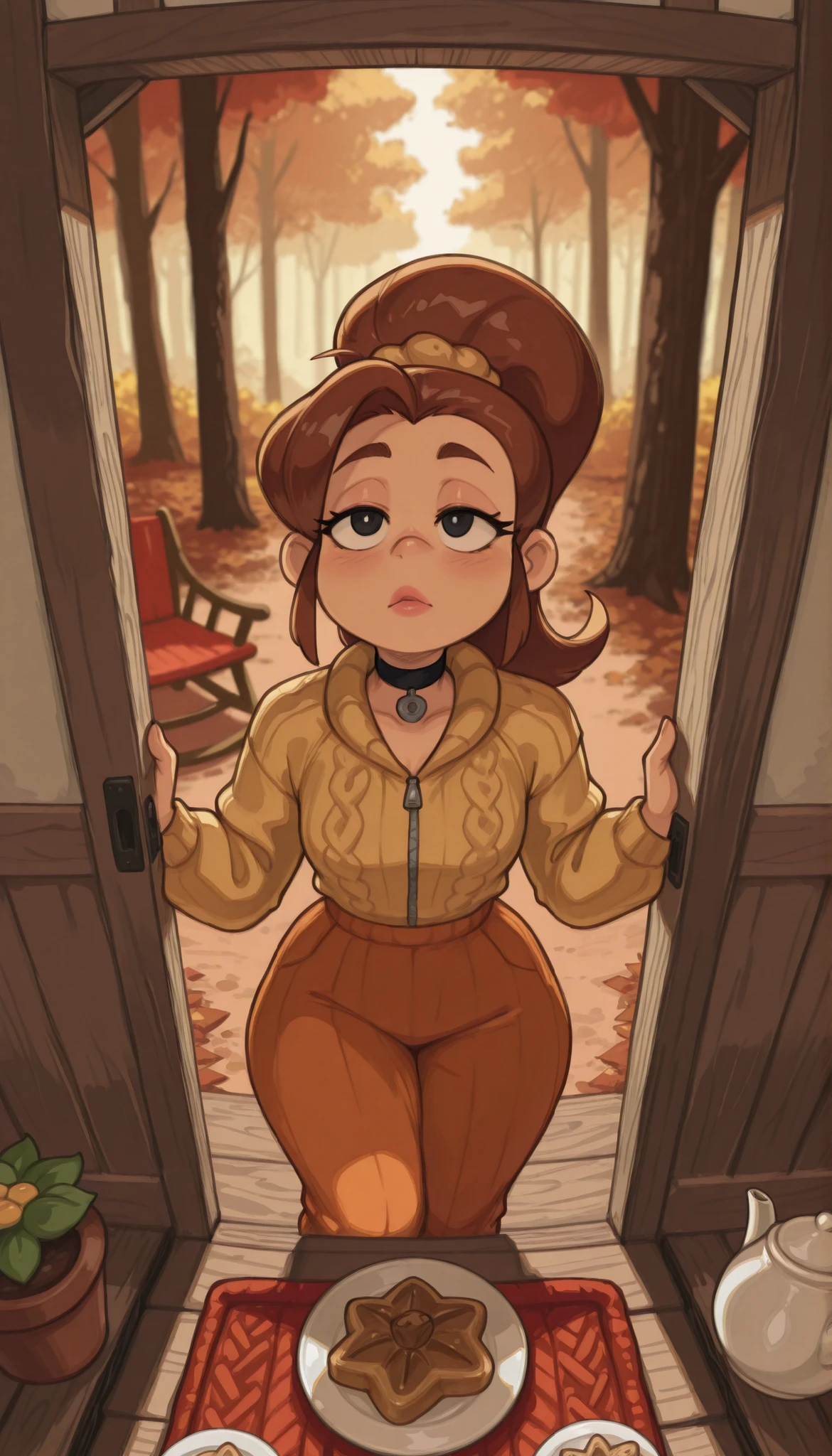 Luan Loud. small , medium , slender body, brown hair ponytail, hair tie, long hair, black eyes. pink lips, choker . | The doghouse has been decorated like a miniature cottage — tiny windows with lace curtains, a little porch with a rocking chair, and potted mums in autumn colors.Inside the open door, a small TV plays a nature documentary (image of deer in a forest visible on the screen).On the porch table: a teapot, a plate with biscuits, and a knitted blanket draped over the chair.Around: fallen leaves in shades of amber and crimson, a few acorns scattered on the wooden deck, and a gentle breeze stirring the dog’s fur‑like hair.Lighting and atmosphere:Soft golden afternoon light filters through nearby trees, casting dappled shadows.Warm glow from the doghouse window adds a cozy touch.Slight mist in the air suggests a cool autumn day.Color palette: earthy autumn tones — burnt orange, deep green, golden yellow, and warm browns, accented by the soft camel of the jacket.Style and quality:Photorealistic with a touch of whimsical charm, 8K resolution.Detailed textures: knit pattern of the jacket, soft fur‑like hair, wooden grain of the deck, and fuzzy blanket.Gentle focus on the character’s face (curious, content expression) and the TV screen.Composition: medium shot from a slightly elevated angle, framing the dog‑person, the doghouse, and the autumnal surroundings. Shallow depth of field keeps the background softly blurred.PG‑13 tone: lighthearted and imaginative, emphasizing comfort, curiosity, and the joy of quiet moments. No distress or discomfort shown.Atmosphere: a heartwarming blend of everyday human comfort and animal innocence, where a pet enjoys a peaceful, human‑like afternoon in their own little world. Best quality, storytelling through cozy details and gentle anthropomorphic charm.