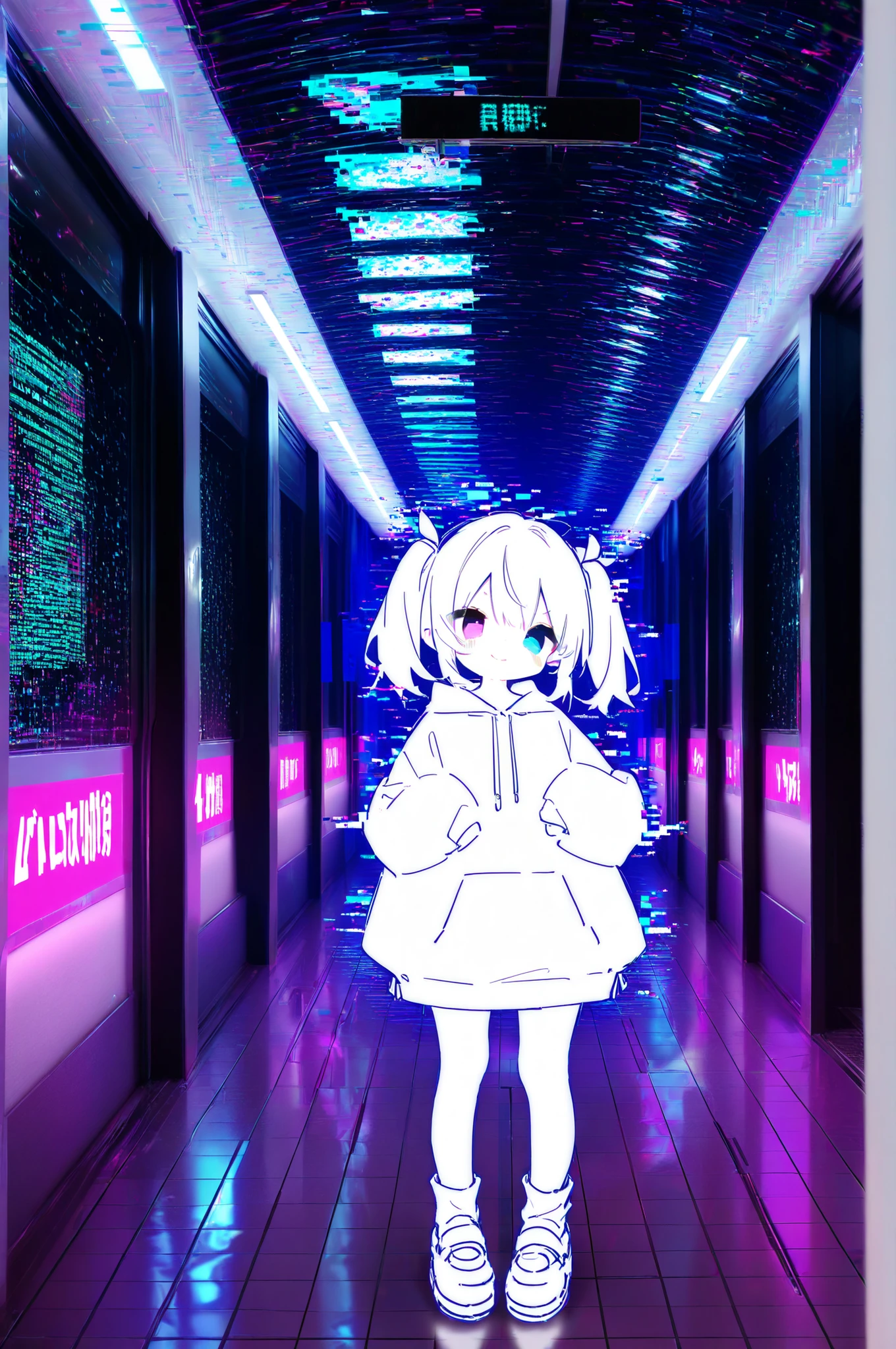 404 not found personification, anime style, cute glitch spirit girl, pale translucent skin, short silver hair with digital noise, heterochromia (one pixel blue eye, one static glitch eye), oversized hoodie with “404” glowing text, slightly mischievous smile, peeking a floating error sign, one hand gripping the edge, shy but playful expression, soft rim lighting, subtle chromatic aberration, floating pixel particles around her, thin hologram-like legs fading at the bottom, delicate and ethereal, highly detailed illustration, crisp lineart, soft pastel neon color palette、
real photo background:cyber digital world, endless corridor of floating holographic panels, broken UI windows, pixelated void gaps, soft neon blues and purples, glitching wireframe structures, transparency layers, scrolling code streams, 3D grid floor fading into darkness, softly glowing error pop-ups like hiding spots, light dust of digital particles, gentle atmospheric haze, no text signage except abstract symbols, high detail, clean composition, slightly surreal but calm ambience