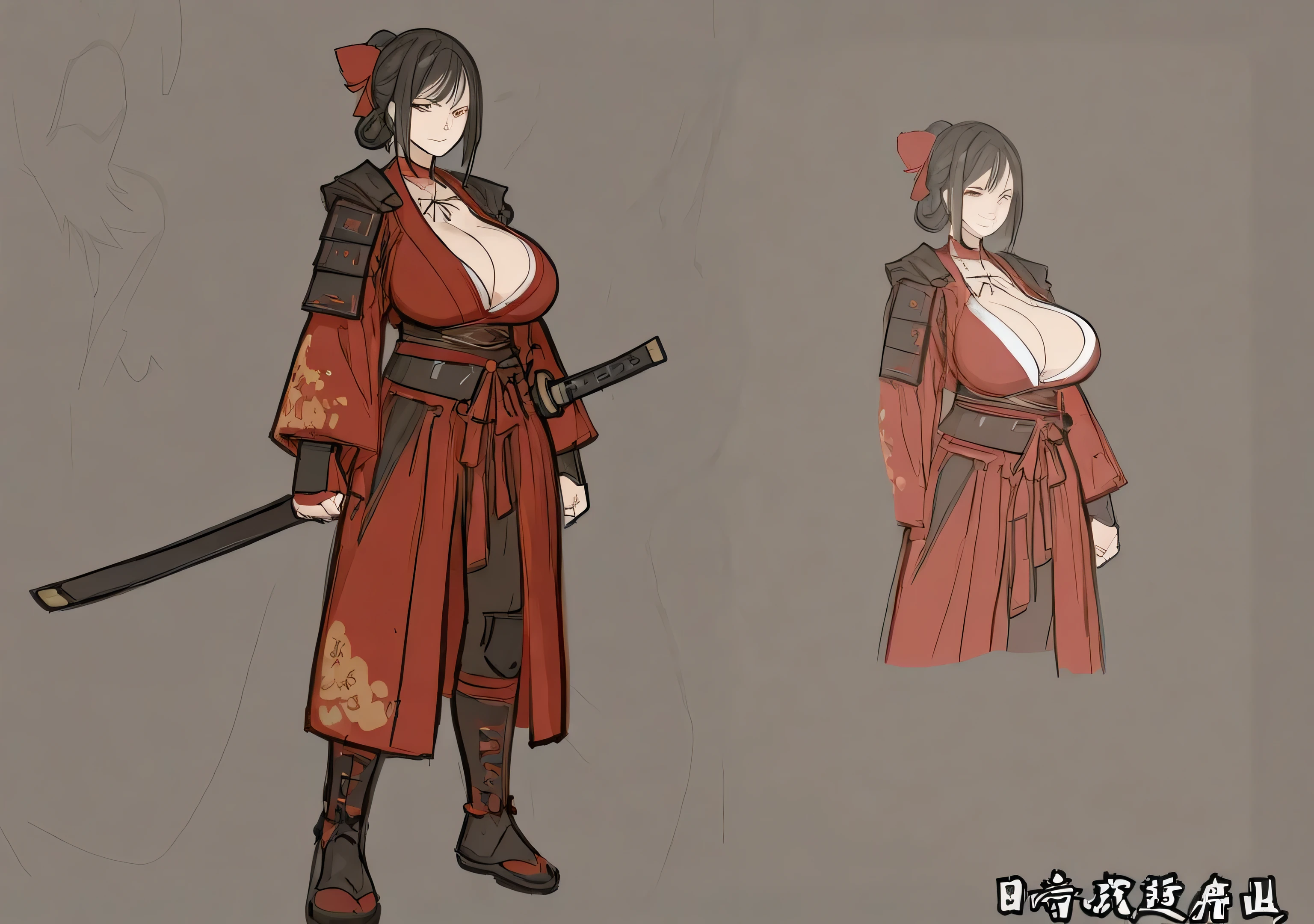 no background , delete background, layer, sketch art, 1 girl, milf, samurai girl, big breast,