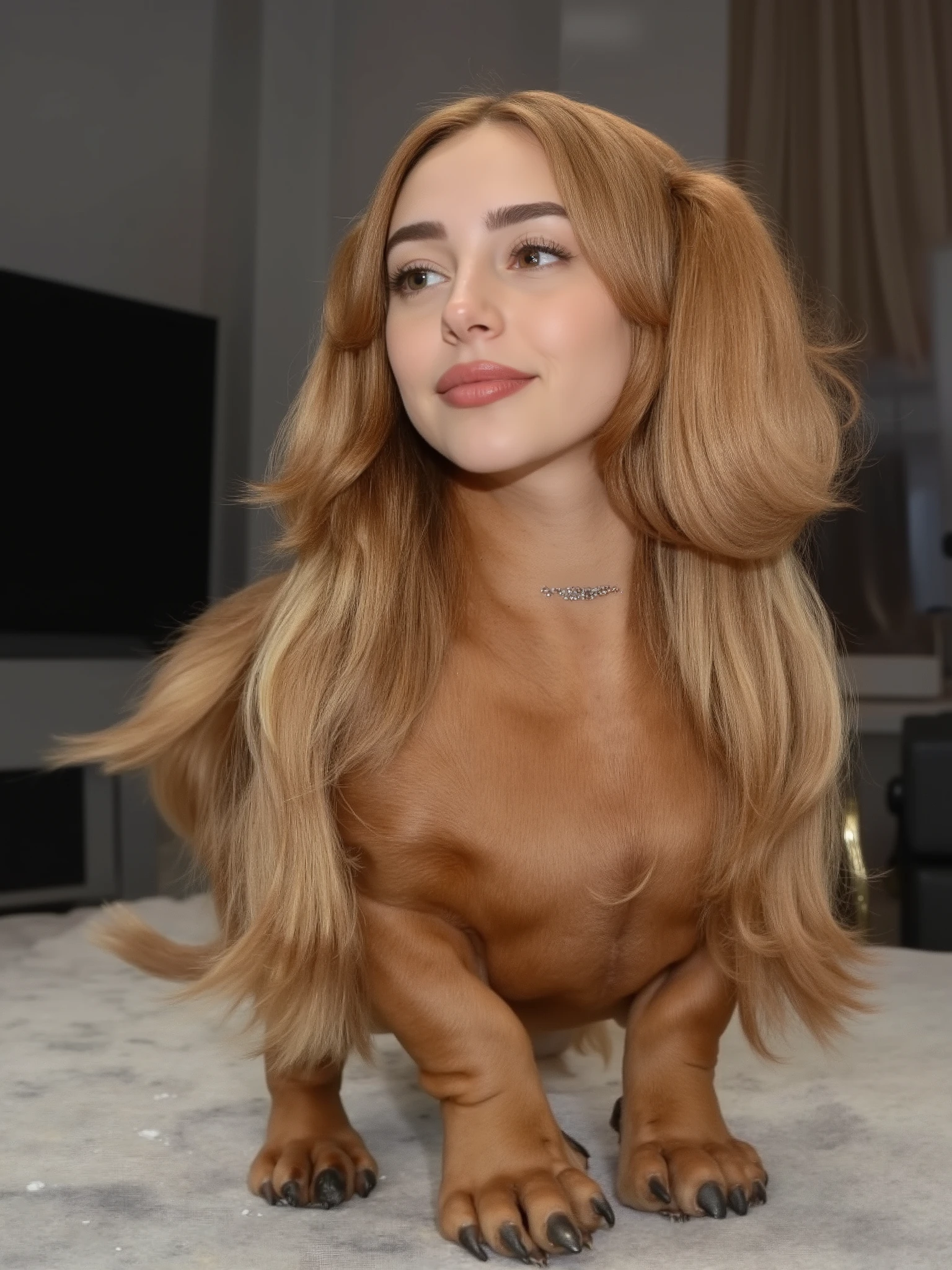 (masterpiece, High Quality, high resolution hairstyle, Hyperrealistic photograph), majestic female anthropomorphic Dachshund, hybrid creature standing on all four legs, humanized canine anatomy in elegant posture, beautiful female face with delicate features, long, silky blond hair falling on the shoulders, Dachshund ears crowning the head, bright and expressive canine eyes, body completely covered with soft shiny fur, long and elegant tail that moves to maintain balance, height proportional to an adult woman, defined muscles under the fur, proud and elegant posture, Flirty and happy. Modern home interior, LED lighting creating defined shadows and dramatic contrasts, detailed realistic textures, perfect details of hair and skin, 8K, professional lighting, balanced composition, depth of field