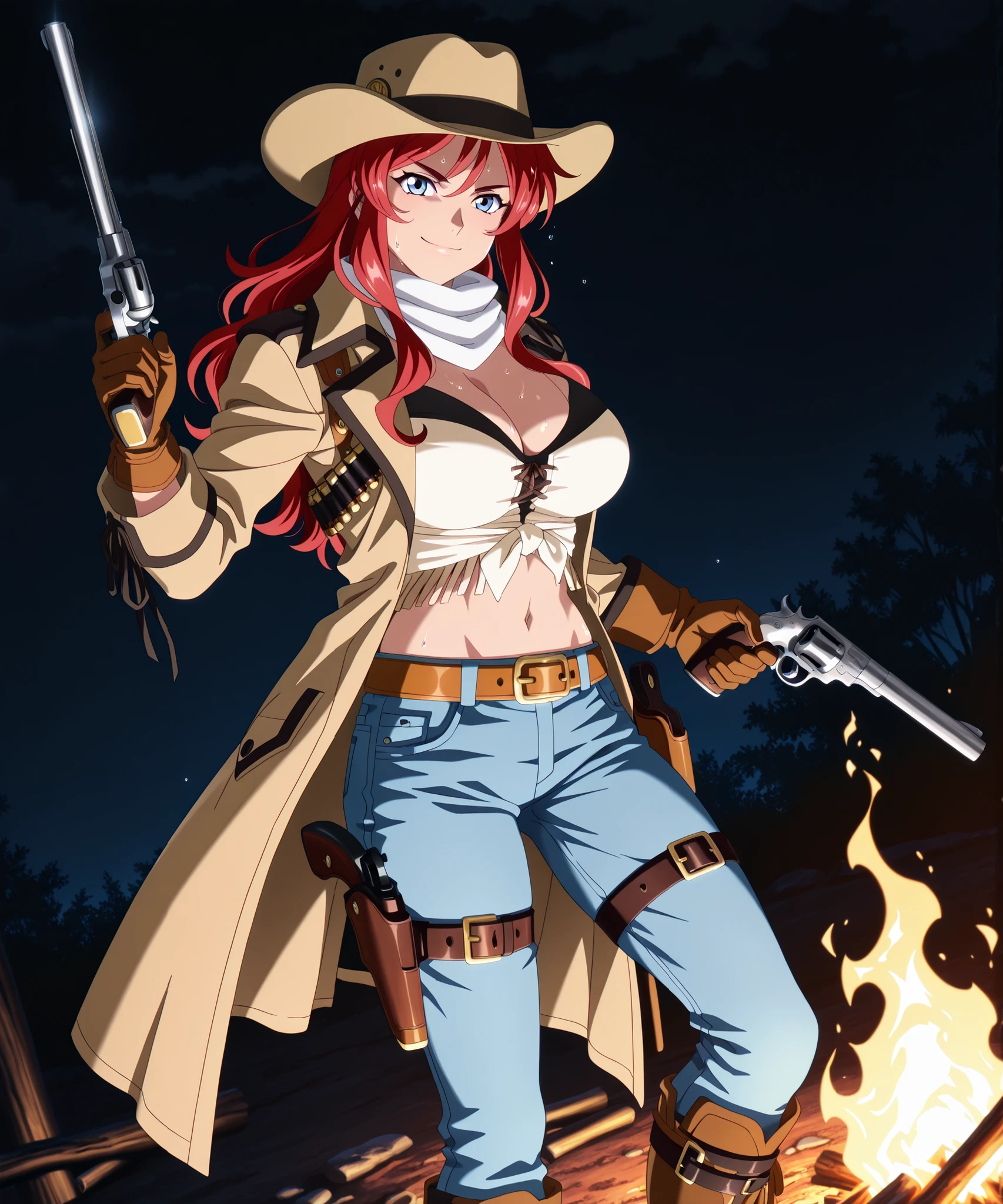 absurdres, amazing quality, best quality, masterpiece, newest, source_anime, anime_screencap, anime coloring, SWNY_Gemini_IL, 1girl, solo,
mature female, (red hair, long hair, hair down, sidelocks), blue eyes, big breasts, muscular body,
SWNY_Gemini_Cowgirl, (headwear, light-brown wide-brim hat, black trim, low hat), (yellow collared shirt, fringe-trim, cleavage, midriff), (white scarf, scarf over mouth), bandolier, (light-brown long-coat, black shoulder-accents, long-sleeves, open coat), brown gloves, (blue jeans, belt, belt buckle, leg belt, holster), (brown knee-boots),
(firearm, weapon, revolver, pistol, gun),
serious eyebrows, smile, looking at the viewer, (closed mouth), sweat, (holding weapon, holding firearm), dynamic pose, battle pose,
Outdoors, night time, campfire, black background, dark, light_from_below, dramatic lighting, underlighting,
Side view, dutch angle,