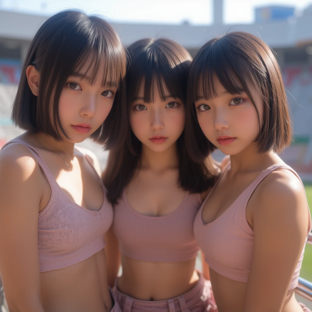 ((masterpiece)), ((Highest quality)), (Super detailed), ((Very detailed)), 4K, (8K), Highest quality, (beautiful), figure, Anime Style, Monochrome, grayscale, Genuineistic, Genuine, Dynamic Angle, Upper Body, Thick outline, Clear contours, Full Body Focus, In the classroom, (Three Girls, Three cute girls), Gym Shorts, beautiful light brown hair, beautiful brown eyes, ((beautiful eyes)), short hair, Large Breasts, A light smile, Shine, Shine