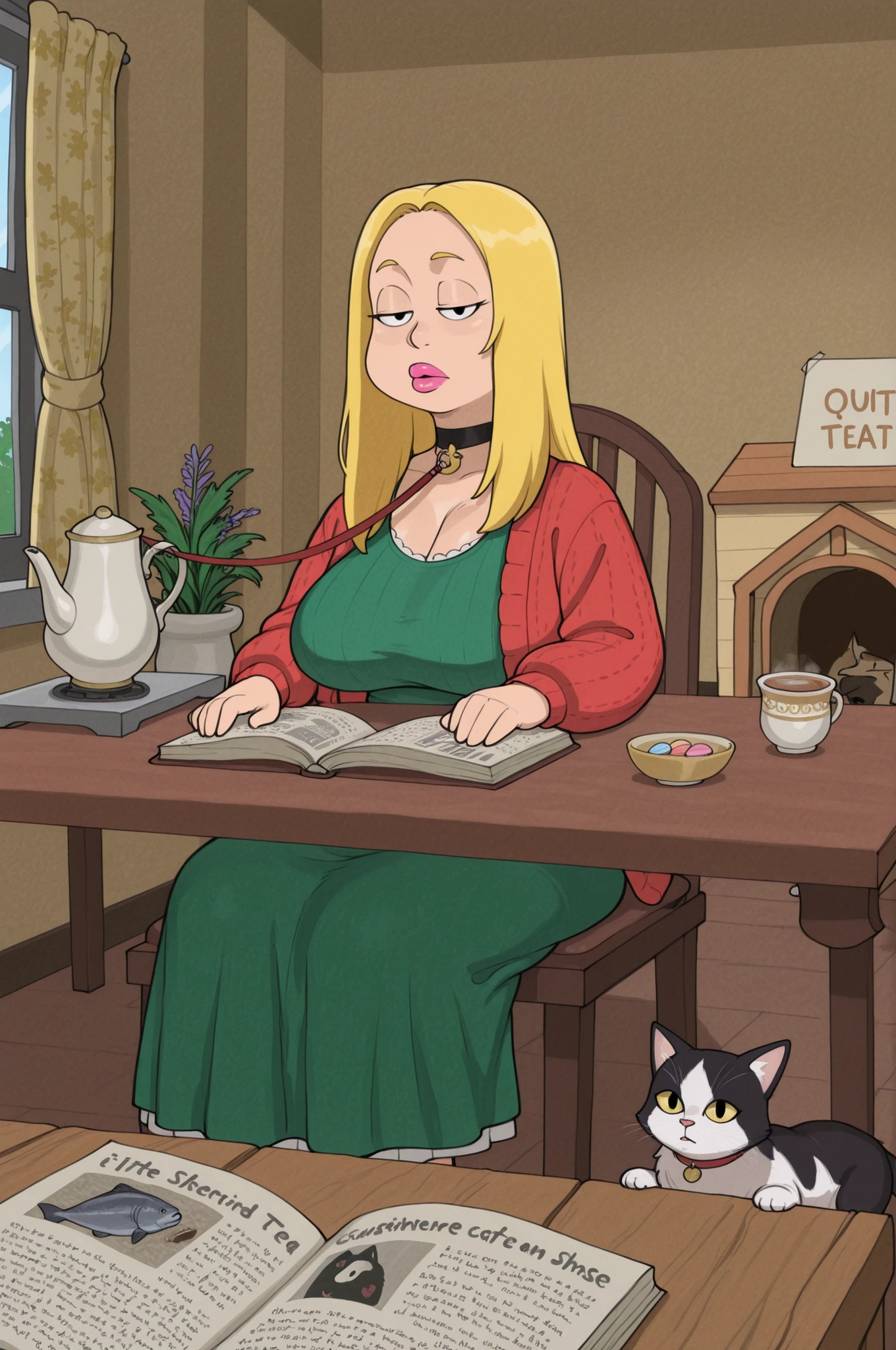 Francine Smith, looking at viewer, pink lipstick, choker, Blonde hair, huge saggy breasts. long hair. blonde hair, | An Absurd Photo — surreal domestic scene that playfully defies logic and everyday expectations. In the center of a neatly trimmed suburban lawn stands a quaint doghouse, but instead of a dog, three elegantly dressed cats are having a sophisticated tea party inside and around it.The main cat sits on a tiny wicker chair in front of the doghouse, wearing a cozy knitted jacket in soft lavender and a long, flowing skirt in dove‑gray. She holds a delicate teacup with one paw, her expression calm and regal. To her right, another cat in a miniature tweed vest is adjusting the dial of a vintage TV perched on a small side table; the screen shows static with glimpses of fish swimming. The third cat, draped in a crocheted shawl, lounges on a miniaturized chaise longue next to the doghouse, reading a tiny newspaper titled «The Furry Gazette».Scene details:The doghouse has been converted into a charming tea cottage — lace curtains in the windows, a tiny doormat with «Meow» written on it, and a potted fern by the entrance.On a little table: a silver teapot, fine china, macarons, and a small vase with daffodils.Around the lawn: absurd juxtapositions — a leash tied to a birdhouse, a dog bowl filled with caviar, and a «Beware of Cat» sign.In the background: a perfectly manicured hedge shaped like a giant fish.Lighting and atmosphere:Bright, even daylight with a slightly dreamlike quality — as if the scene is lit by an invisible studio setup.Soft shadows and crisp details enhance the surreal clarity.A faint shimmer in the air suggests this is a moment outside normal reality.Color palette: pastel and vintage tones — lavender, sage green, cream, and antique gold, with subtle pops of color from the flowers and tea set.Style and quality:Hyper‑realistic with a touch of whimsical illustration.8K resolution, extreme detail: individual stitches in the knitted jacket, fur textur