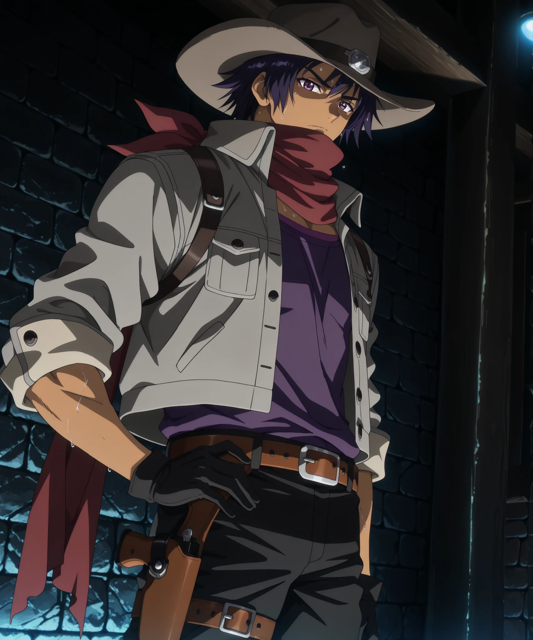 masterpiece, best quality, amazing quality, absurdres, 1boy, solo, source_anime, anime_screencap,
Side view, dutch angle,
RickElwood, mature male, brown skin, short hair, dark-indigo hair, dark-purple eyes, muscular body,
(Gray wide-brim cowboy hat), (dark-red scarf, scarf over mouth), (gray jacket, high-collar), (open jacket, purple undershirt, buttons), black gloves, (belt, belt buckle, holsters), (black pants, leg belt),
serious eyebrows, turned head, looking at the viewer, (closed mouth), sweat, hand on hip,
Stone wall, black background, dark, light_from_below, dramatic lighting, underlighting,