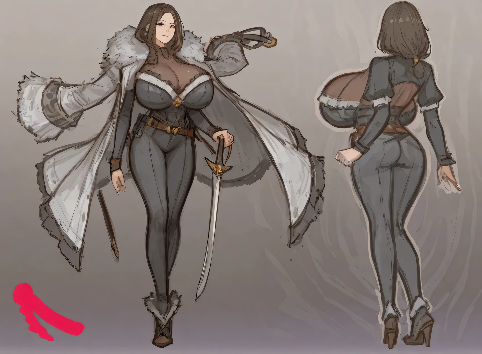 no background , delete background, layer, sketch art, 1 girl, milf, sword girl, big breast,