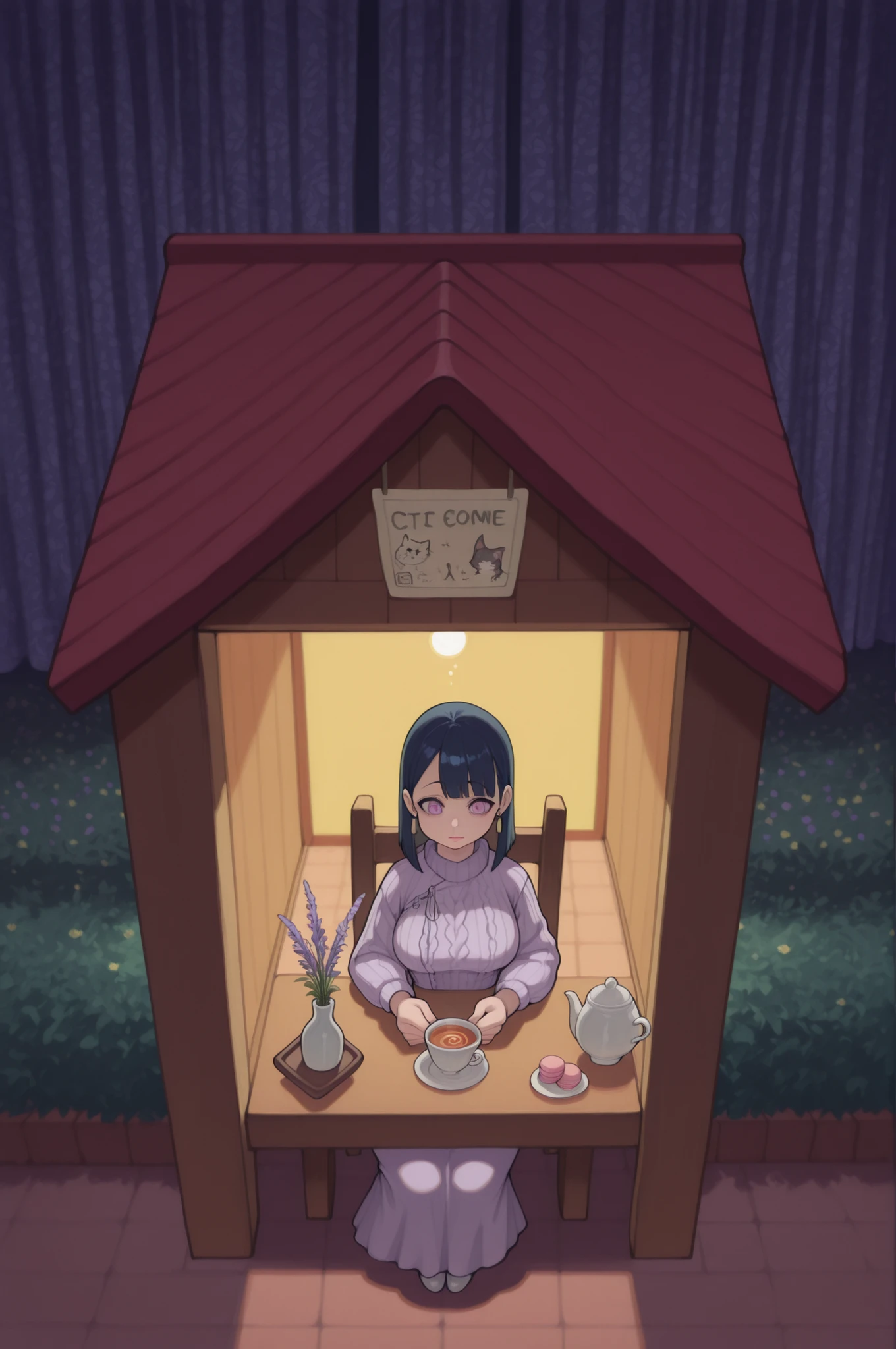 Hinata Hyuuga, medium hair, dark blue hair, square, Large breasts, skinny body, earrings, pink lips , lavender eyes, | An Absurd Photo — surreal domestic scene that playfully defies logic and everyday expectations. In the center of a neatly trimmed suburban lawn stands a quaint doghouse, but instead of a dog, three elegantly dressed cats are having a sophisticated tea party inside and around it.The main cat sits on a tiny wicker chair in front of the doghouse, wearing a cozy knitted jacket in soft lavender and a long, flowing skirt in dove‑gray. She holds a delicate teacup with one paw, her expression calm and regal. To her right, another cat in a miniature tweed vest is adjusting the dial of a vintage TV perched on a small side table; the screen shows static with glimpses of fish swimming. The third cat, draped in a crocheted shawl, lounges on a miniaturized chaise longue next to the doghouse, reading a tiny newspaper titled «The Furry Gazette».Scene details:The doghouse has been converted into a charming tea cottage — lace curtains in the windows, a tiny doormat with «Meow» written on it, and a potted fern by the entrance.On a little table: a silver teapot, fine china, macarons, and a small vase with daffodils.Around the lawn: absurd juxtapositions — a leash tied to a birdhouse, a dog bowl filled with caviar, and a «Beware of Cat» sign.In the background: a perfectly manicured hedge shaped like a giant fish.Lighting and atmosphere:Bright, even daylight with a slightly dreamlike quality — as if the scene is lit by an invisible studio setup.Soft shadows and crisp details enhance the surreal clarity.A faint shimmer in the air suggests this is a moment outside normal reality.Color palette: pastel and vintage tones — lavender, sage green, cream, and antique gold, with subtle pops of color from the flowers and tea set.Style and quality:Hyper‑realistic with a touch of whimsical illustration.8K resolution, extreme detail: individual stitches in the knitted jacket, fur text