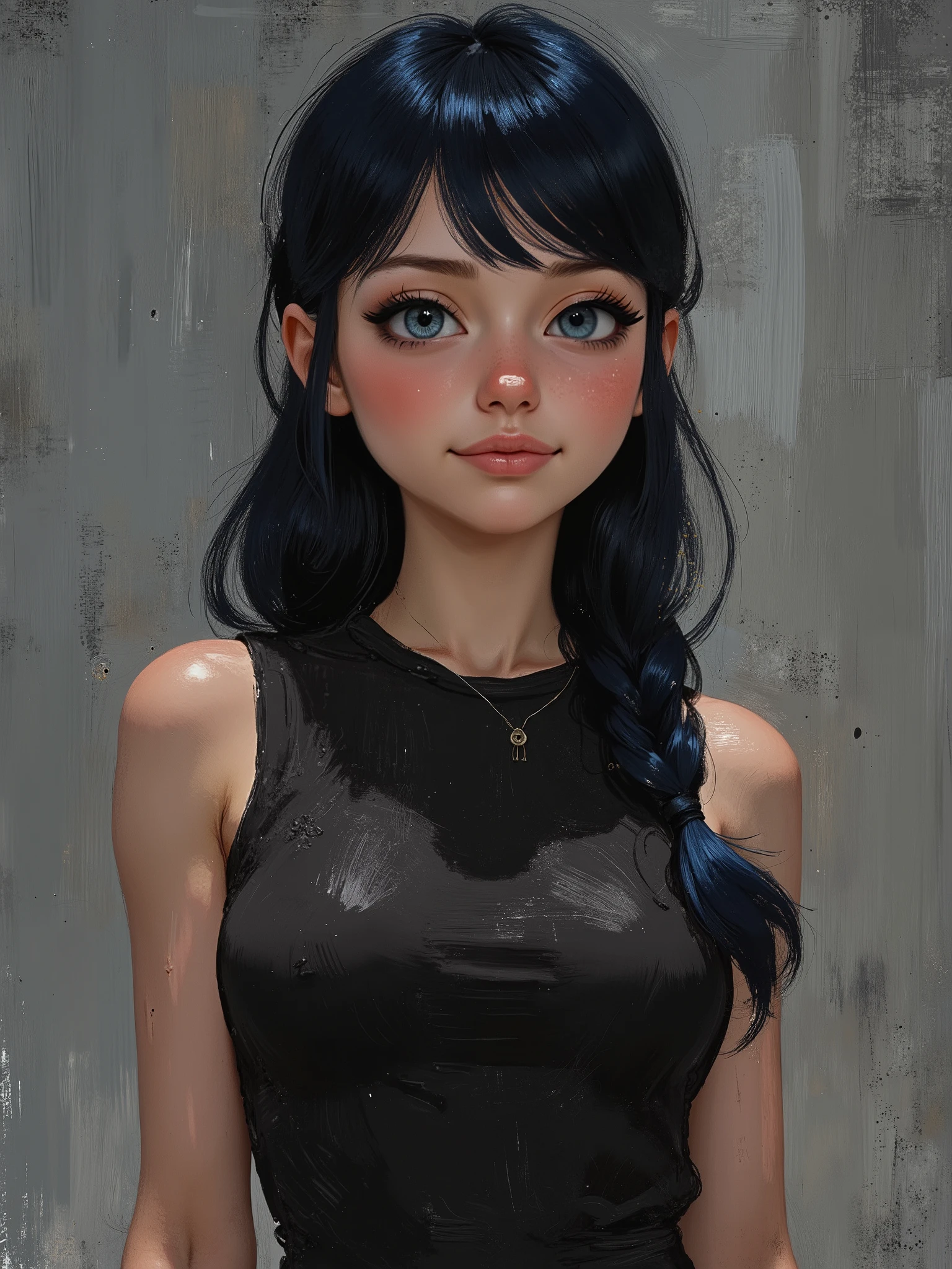 sketch painting, marinette Dopanchan, Anime, Niji, A very beautiful and cute 22 year old woman with a slight smile. (((Shy smile))), sharp focus on the face, (((Western eyes:1.5))), (((Extremely detailed ice-blue eyes, beautiful eyes, beautifully detailed eyes))), (((delicately detailed thin pink lips))), (((long hair, shiny hair))), (((black medieval steampunk style sleeveless t-shirt))), (((Dark Blue medieval steampunk style leather warrior pants))), (((full body view, dynamic pose, standing:1.5, graceful pose))), (((The background is Dark Gray and painted with expressive, visible textures using dynamic brushstrokes and strokes that add depth and movement. The paint covers only the area just behind the subject. The outer edges of the image with black margins, as if the background had been painted with a brush and with expressive and visible textures using dynamic brushstrokes and strokes fading toward the edges creating a modern and artistic vignette effect))). Cinematic lighting, soft depth of field, (((masterpiece/high resolution/Best Quality/top quality/high quality/UHD/16k quality))), sharp focus, no blur, film grain, bokeh.