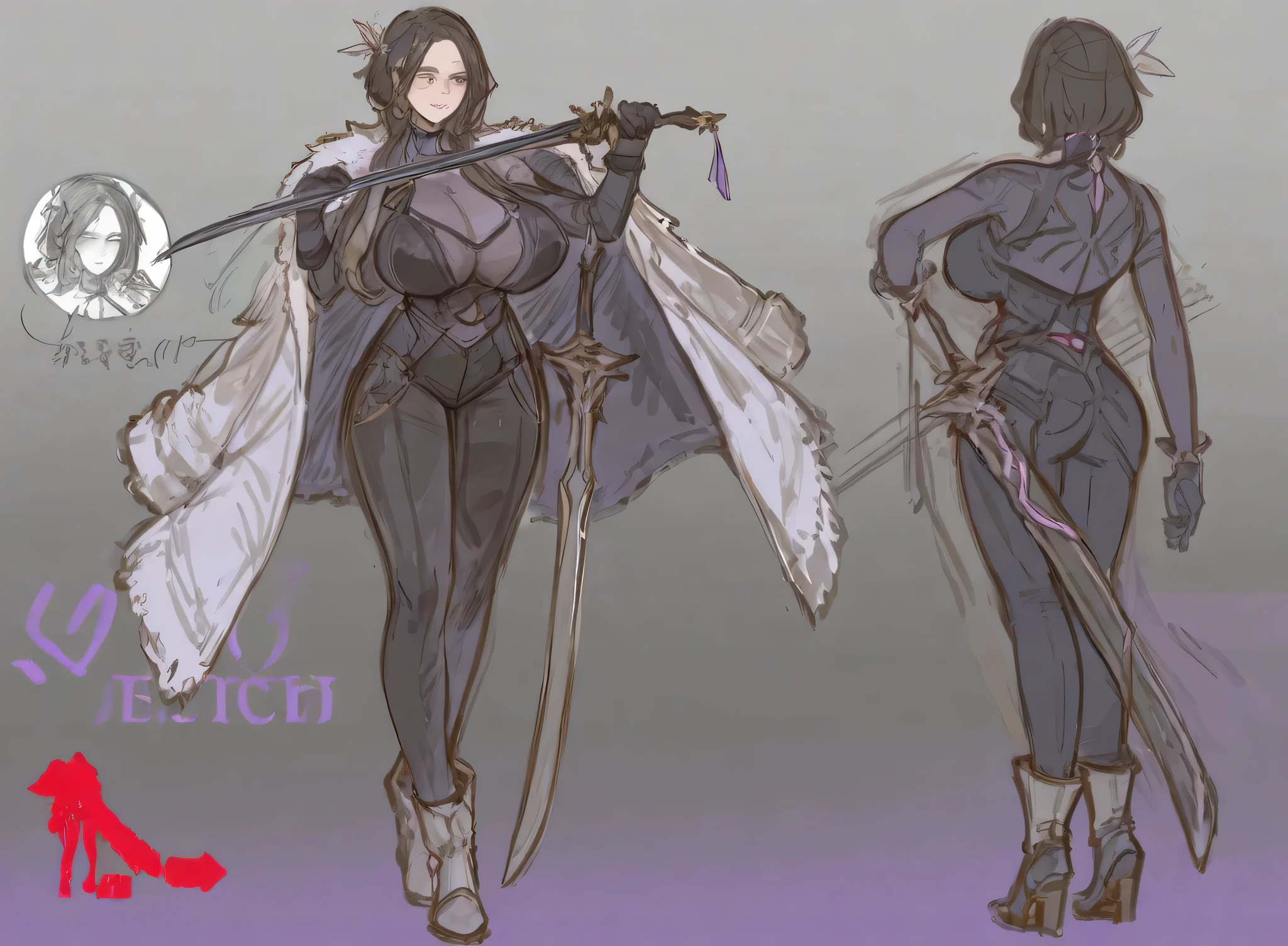 no background , delete background, layer, sketch art, 1 girl, milf, sword girl, big breast,