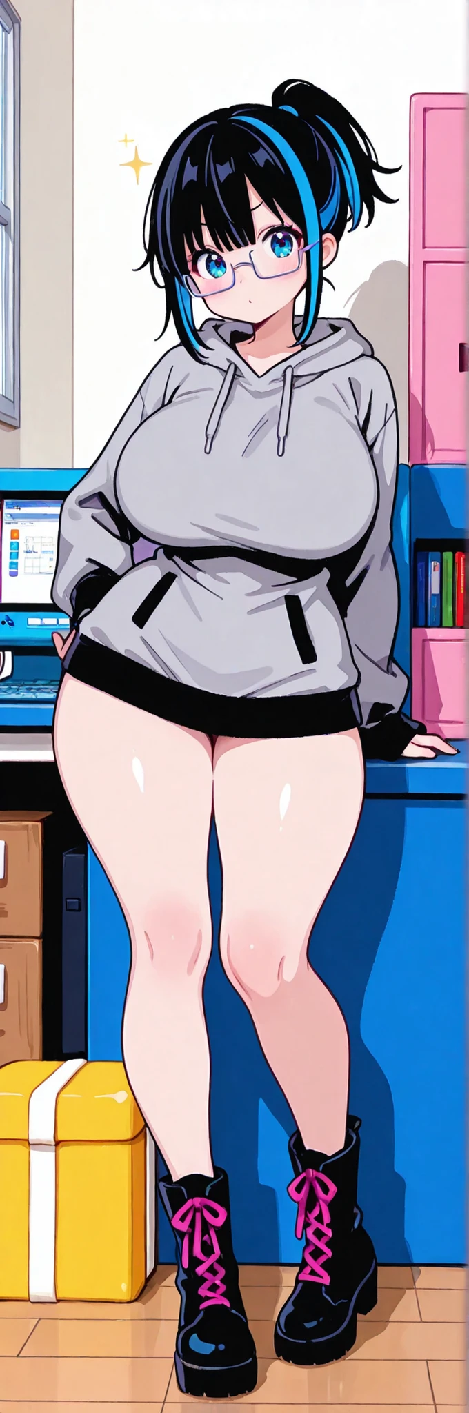 1girl,
score_9, absurdres,
from_front, full_body,
well_proportioned, voluptuous, big_breast, (thick_thighs:1.0), fair_skin,
gray_hoodie, (square_glasses:1.5), mini_boots, pink_lace_up,
blue_eyes,
black_hair, blue_streaked_hair, short_ponytail,
small_face, light_makeup,
standing, contrapposto,
playroom, computer_room