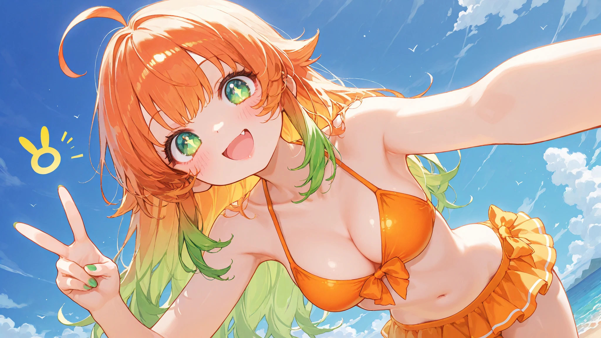 (masterpiece, best quality), best resolution, (3heads:1.5), 1girl, orange hair, green eyes, left hand behind head, right hand on hip, smiling, , light blue bikini, sexy pose, white background