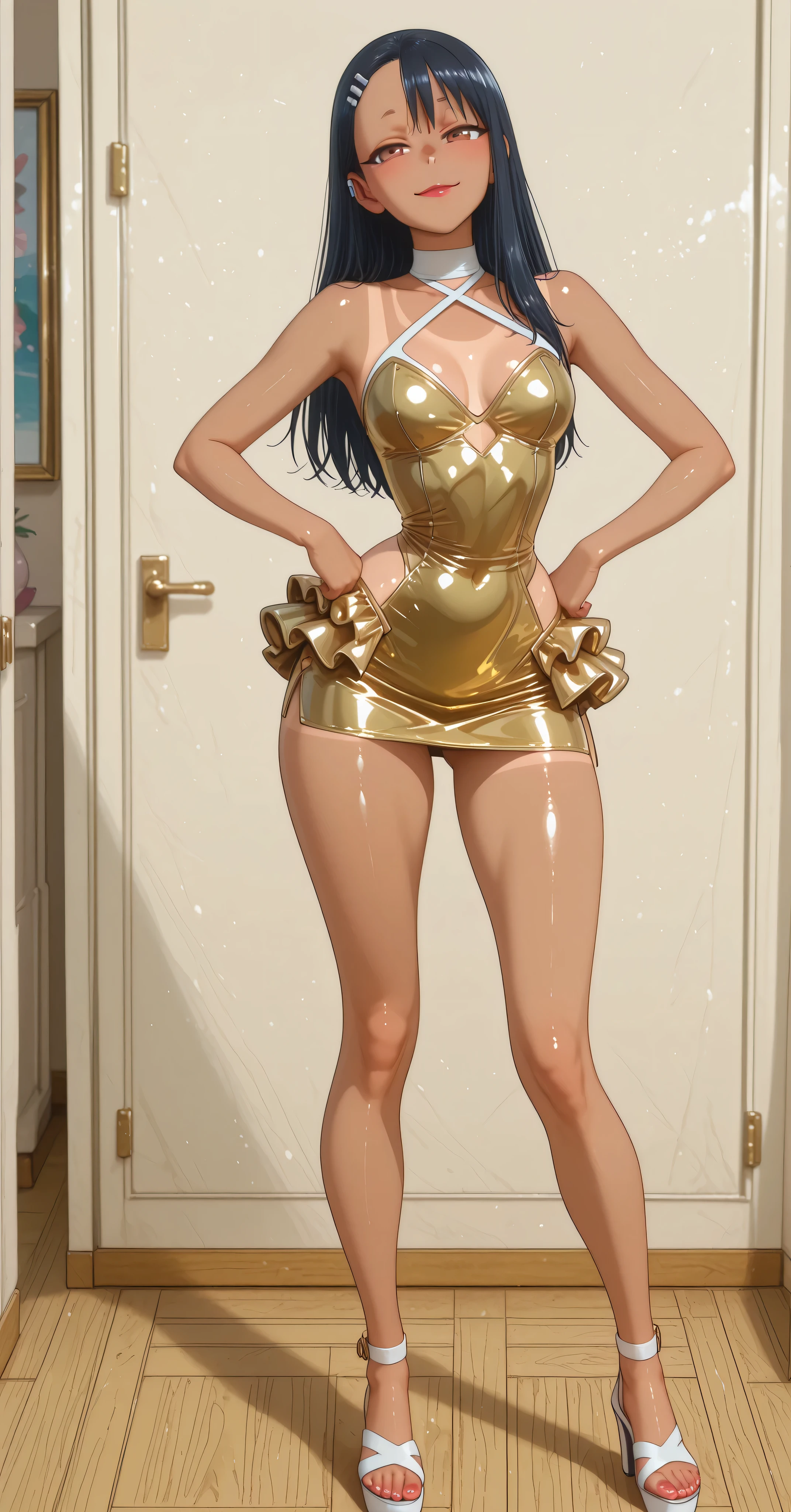 Solo Girl, [Nagatoro]. ((tanned skin)) . medium breasted, wide hip, thighs and legs and wide thighs. cowboy shot, room, total blush, shut your mouth, masterpiece、superior quality、low height.  light smile , Red lipstick. flirty expression. (((metallic shiny gold latex minidress)), sleeveless, thin straps , Frilly, Crossed halter neckline. bare shoulders and white sandals with high heels. Casual pose with hands above the hips. Alone.  full body.