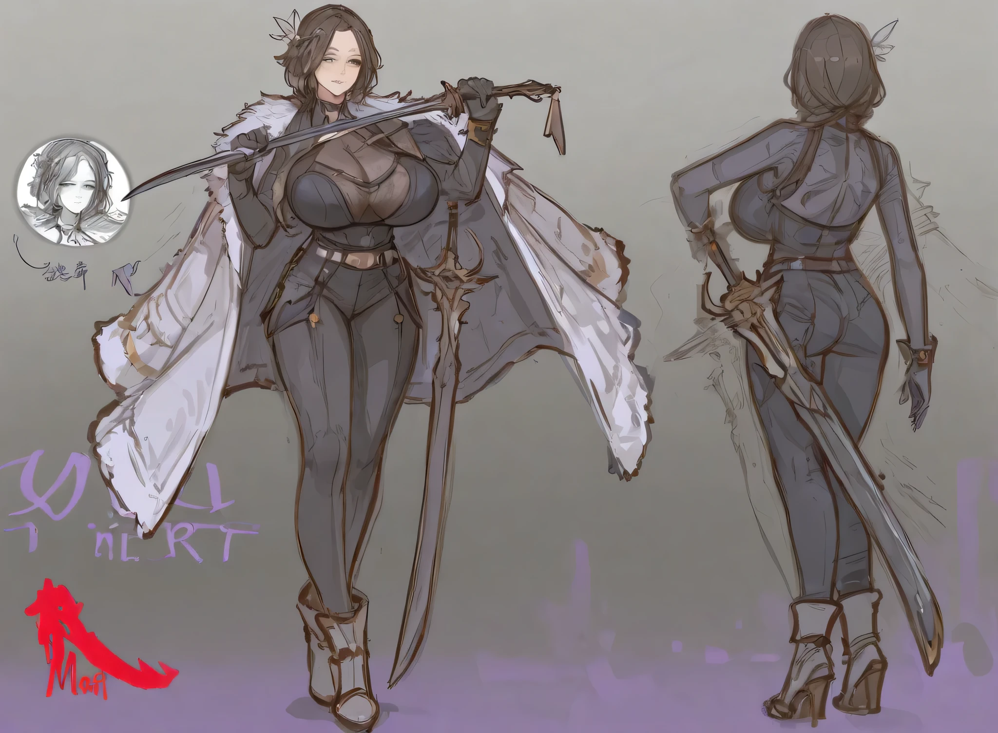 no background , delete background, layer,  sketch art, 1 girl,  milf, sword girl, big breast, 