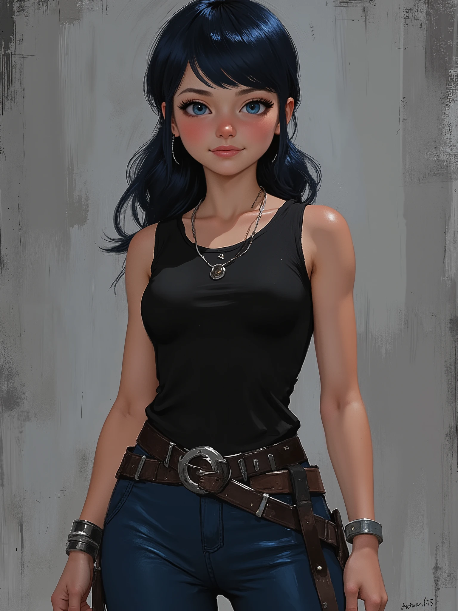 sketch painting, marinette Dopanchan, Anime, Niji, A very beautiful and cute 22 year old woman with a slight smile. (((Shy smile))), sharp focus on the face, (((Western eyes:1.5))), (((Extremely detailed ice-blue eyes, beautiful eyes, beautifully detailed eyes))), (((delicately detailed thin pink lips))), (((long hair, shiny hair))), (((black medieval steampunk style sleeveless t-shirt))), (((Dark Blue medieval steampunk style leather warrior pants))), (((full body view, dynamic pose, standing:1.5, graceful pose))), (((The background is Dark Gray and painted with expressive, visible textures using dynamic brushstrokes and strokes that add depth and movement. The paint covers only the area just behind the subject. The outer edges of the image with black margins, as if the background had been painted with a brush and with expressive and visible textures using dynamic brushstrokes and strokes fading toward the edges creating a modern and artistic vignette effect))). Cinematic lighting, soft depth of field, (((masterpiece/high resolution/Best Quality/top quality/high quality/UHD/16k quality))), sharp focus, no blur, film grain, bokeh.