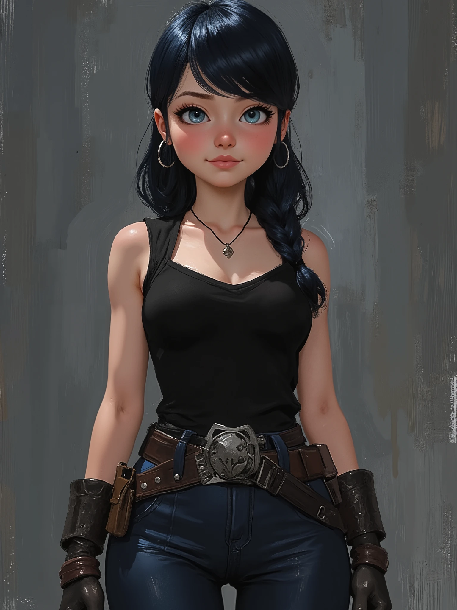 sketch painting, marinette Dopanchan, Anime, Niji, A very beautiful and cute 22 year old woman with a slight smile. (((Shy smile))), sharp focus on the face, (((Western eyes:1.5))), (((Extremely detailed ice-blue eyes, beautiful eyes, beautifully detailed eyes))), (((delicately detailed thin pink lips))), (((long hair, shiny hair))), (((black medieval steampunk style sleeveless t-shirt))), (((Dark Blue medieval steampunk style leather warrior pants))), (((full body view, dynamic pose, standing:1.5, graceful pose))), (((The background is Dark Gray and painted with expressive, visible textures using dynamic brushstrokes and strokes that add depth and movement. The paint covers only the area just behind the subject. The outer edges of the image with black margins, as if the background had been painted with a brush and with expressive and visible textures using dynamic brushstrokes and strokes fading toward the edges creating a modern and artistic vignette effect))). Cinematic lighting, soft depth of field, (((masterpiece/high resolution/Best Quality/top quality/high quality/UHD/16k quality))), sharp focus, no blur, film grain, bokeh.