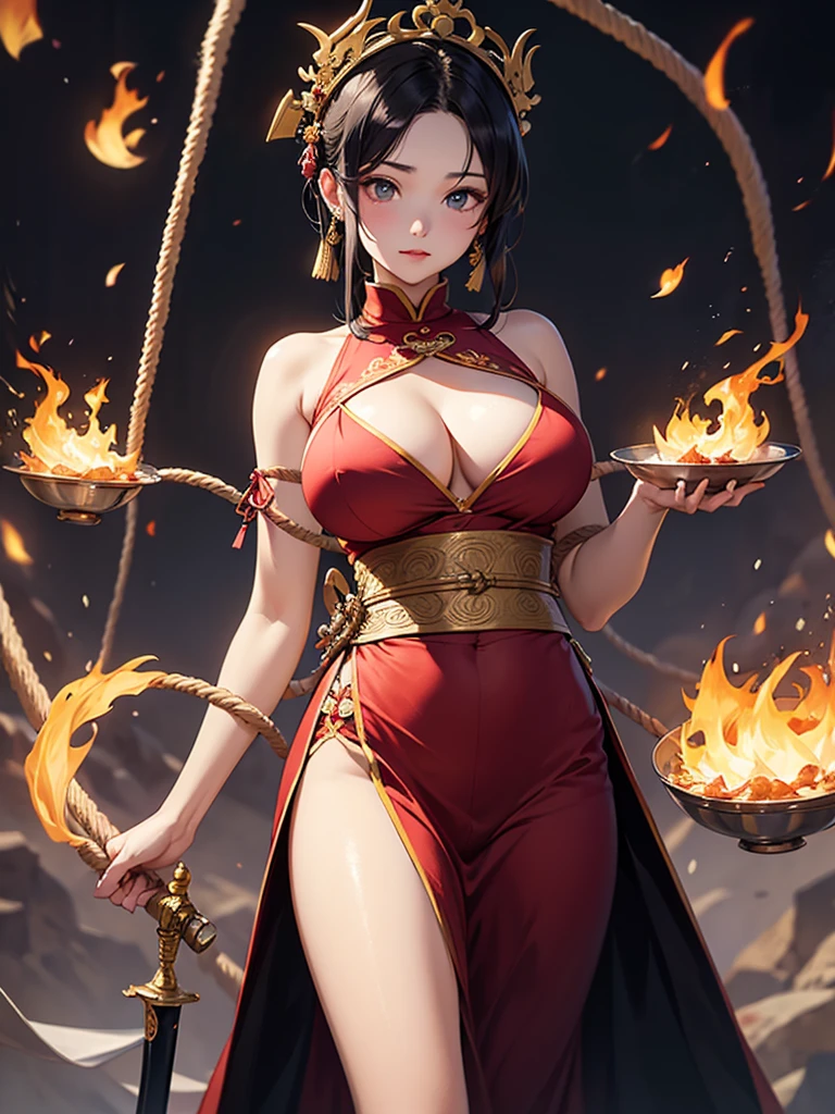 , azula from avatar the last airbender, revealing outfit, fire whips, intense gaze, masterpiece, highly detailed, photorealistic, 8k, hyper realistic, detailed  features, piercing eyes, confident expression, dynamic pose, fire dancing around body, dramatic lighting, dark fantasy background, moody colors, cinematic composition