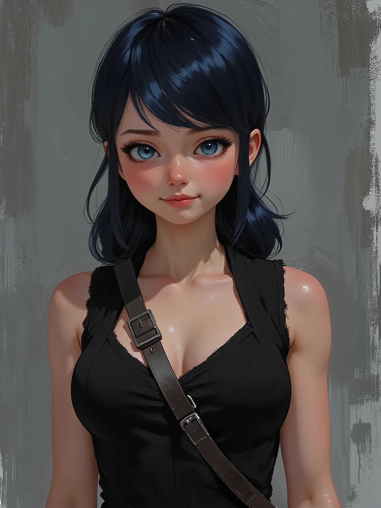 sketch painting, marinette Dopanchan, Anime, Niji, A very beautiful and cute 22 year old woman with a slight smile. (((Shy smile))), sharp focus on the face, (((Western eyes:1.5))), (((Extremely detailed ice-blue eyes, beautiful eyes, beautifully detailed eyes))), (((delicately detailed thin pink lips))), (((long hair, shiny hair))), (((black medieval steampunk style sleeveless t-shirt))), (((Dark Blue medieval steampunk style leather warrior pants))), (((full body view, dynamic pose, standing:1.5, graceful pose))), (((The background is Dark Gray and painted with expressive, visible textures using dynamic brushstrokes and strokes that add depth and movement. The paint covers only the area just behind the subject. The outer edges of the image with black margins, as if the background had been painted with a brush and with expressive and visible textures using dynamic brushstrokes and strokes fading toward the edges creating a modern and artistic vignette effect))). Cinematic lighting, soft depth of field, (((masterpiece/high resolution/Best Quality/top quality/high quality/UHD/16k quality))), sharp focus, no blur, film grain, bokeh.