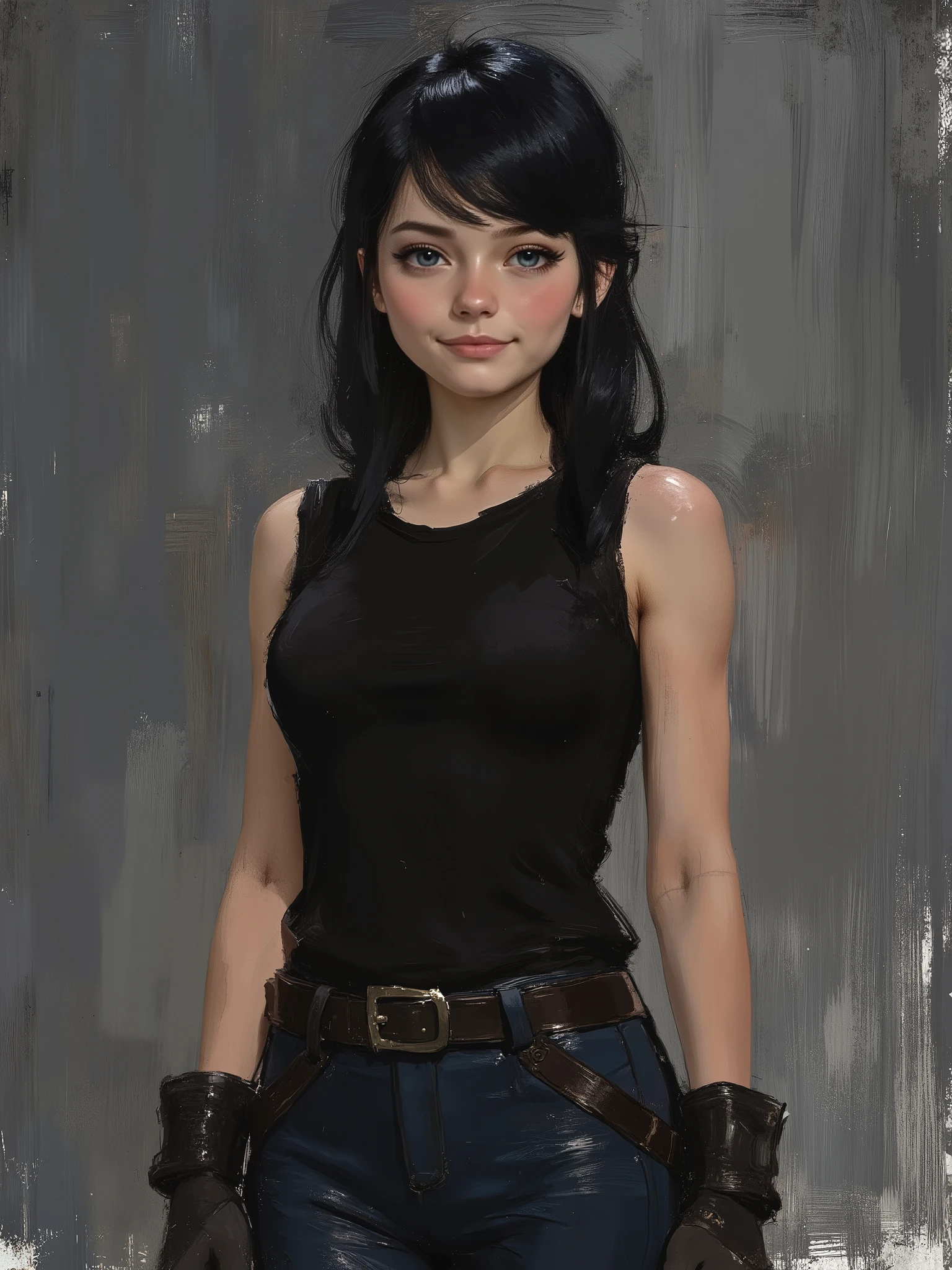 sketch painting, marinette Dopanchan, Anime, Niji, A very beautiful and cute 22 year old woman with a slight smile. (((Shy smile))), sharp focus on the face, (((Western eyes:1.5))), (((Extremely detailed ice-blue eyes, beautiful eyes, beautifully detailed eyes))), (((delicately detailed thin pink lips))), (((long hair, shiny hair))), (((black medieval steampunk style sleeveless t-shirt))), (((Dark Blue medieval steampunk style leather warrior pants))), (((full body view, dynamic pose, standing:1.5, graceful pose))), (((The background is Dark Gray and painted with expressive, visible textures using dynamic brushstrokes and strokes that add depth and movement. The paint covers only the area just behind the subject. The outer edges of the image with black margins, as if the background had been painted with a brush and with expressive and visible textures using dynamic brushstrokes and strokes fading toward the edges creating a modern and artistic vignette effect))). Cinematic lighting, soft depth of field, (((masterpiece/high resolution/Best Quality/top quality/high quality/UHD/16k quality))), sharp focus, no blur, film grain, bokeh.