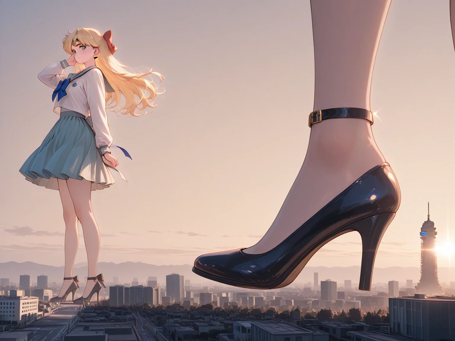 Giantess wearing crop top and jeans, athletic body, gts city, city buildings, smoke, clouds, evil, realistic lighting, high heels, from below,