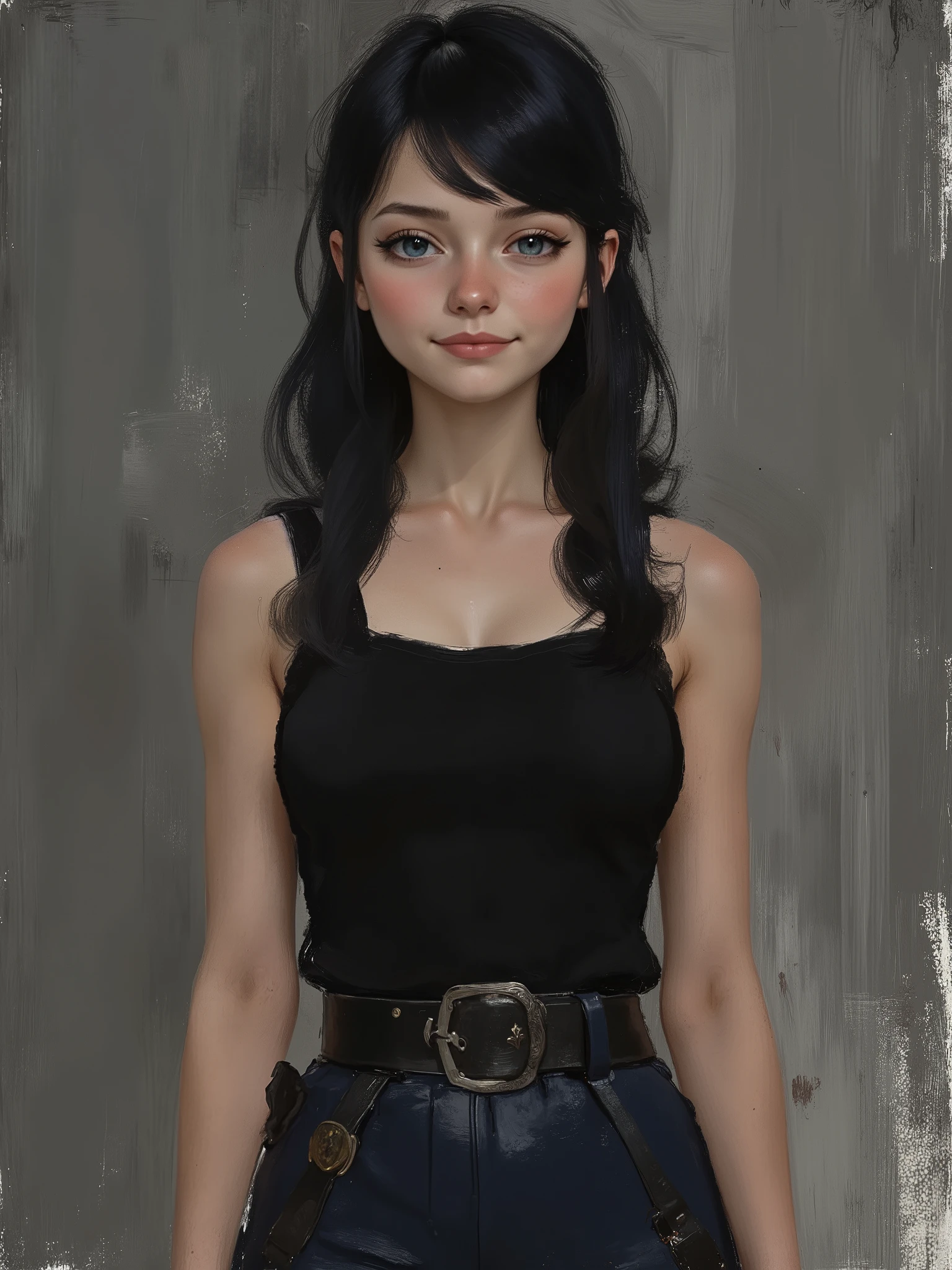 sketch painting, marinette Dopanchan, Anime, Niji, A very beautiful and cute 22 year old woman with a slight smile. (((Shy smile))), sharp focus on the face, (((Western eyes:1.5))), (((Extremely detailed ice-blue eyes, beautiful eyes, beautifully detailed eyes))), (((delicately detailed thin pink lips))), (((long hair, shiny hair))), (((black medieval steampunk style sleeveless t-shirt))), (((Dark Blue medieval steampunk style leather warrior pants))), (((full body view, dynamic pose, standing:1.5, graceful pose))), (((The background is Dark Gray and painted with expressive, visible textures using dynamic brushstrokes and strokes that add depth and movement. The paint covers only the area just behind the subject. The outer edges of the image with black margins, as if the background had been painted with a brush and with expressive and visible textures using dynamic brushstrokes and strokes fading toward the edges creating a modern and artistic vignette effect))). Cinematic lighting, soft depth of field, (((masterpiece/high resolution/Best Quality/top quality/high quality/UHD/16k quality))), sharp focus, no blur, film grain, bokeh.
