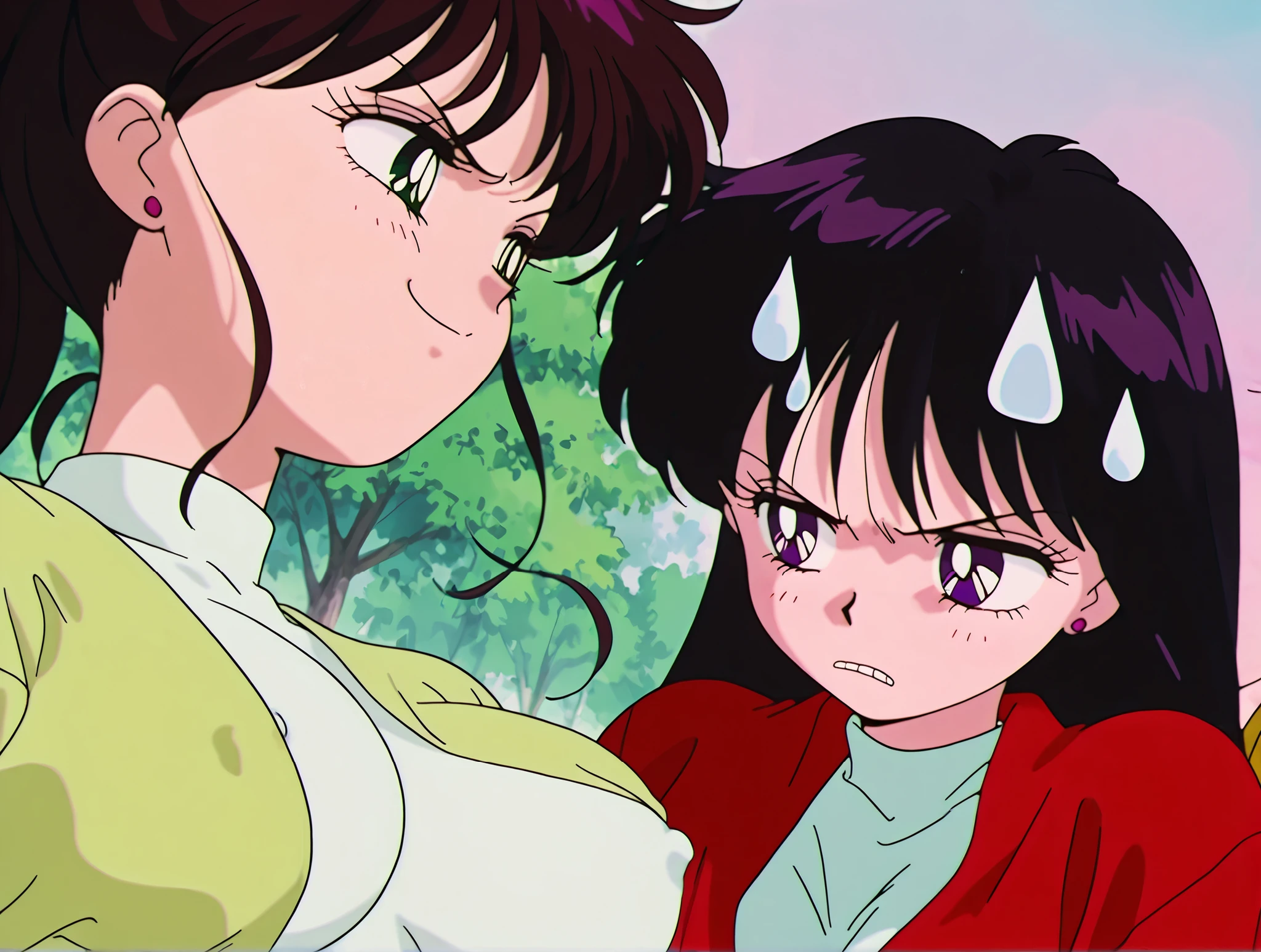 masterpiece, amazing quality, best quality, ultra-detailed, 8K, illustration, clear skin, ultra-detailed-eyes, soft skin, very awa, very as2, soft body, 1990s \(style\), official art,sweet, hino rei, black hair, long hair, purple eyes, parted bangs, angry, looking at another breasts, nipples, BREAK, makoto kino, brown hair, green eyes, medium hair, ponytail, ((large breasts)), smug, looking at hino rei, park