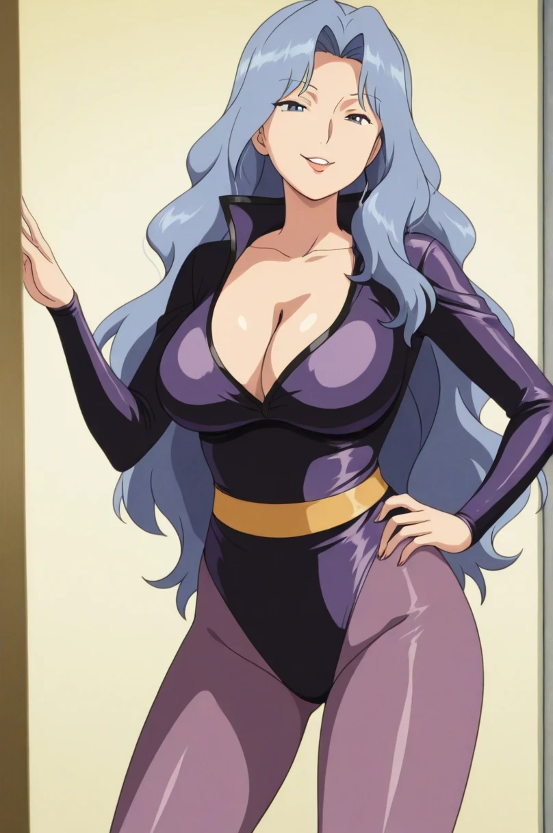 傑作、best quality、best resolution、best image quality、amazing quality、 very aesthetic、 absurdres、anime coloring、anime screencap 、anime screenshot 、1woman 、 <lora:pkmnkaren-illu-nvwls-v1-000006:1> 、 pkkar 、 solo 、light blue hair 、very long hair 、light blue eyes 、parted bangs 、parted lips 、juicy lips 、very large breasts 、cleavage 、large boobs 、large tits 、mature female 、collarbone 、deltoids 、purple leotard 、outfit:leotard 、high leg cut leotard、purple pantyhose 、catsuit 、Catsuit style processing 、cyan sash 、sash 、tight leotard 、tight pantyhose 、seamless 、purple high heels 、tall woman 、standing 、cowboy shot 、looking at viewer 、female focus 、dutch angle 、smile、elegant、elegant smile、sexy smile、smug、evil smile、cat's eye style、