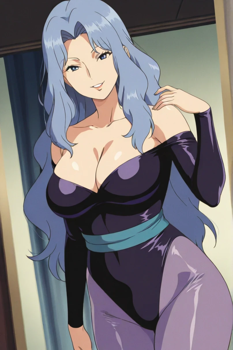 傑作、best quality、best resolution、best image quality、amazing quality、 very aesthetic、 absurdres、anime coloring、anime screencap 、anime screenshot 、1woman 、 <lora:pkmnkaren-illu-nvwls-v1-000006:1> 、 pkkar 、 solo 、light blue hair 、very long hair 、light blue eyes 、parted bangs 、parted lips 、juicy lips 、very large breasts 、cleavage 、large boobs 、large tits 、mature female 、collarbone 、deltoids 、purple leotard 、collarless、bare shoulders 、long sleeves 、outfit:leotard 、high leg cut leotard、purple pantyhose 、catsuit 、Catsuit style processing 、cyan sash 、sash 、tight leotard 、tight pantyhose 、seamless 、purple high heels 、tall woman 、standing 、cowboy shot 、looking at viewer 、female focus 、dutch angle 、smile、elegant、elegant smile、sexy smile、smug、evil smile、cat's eye style、