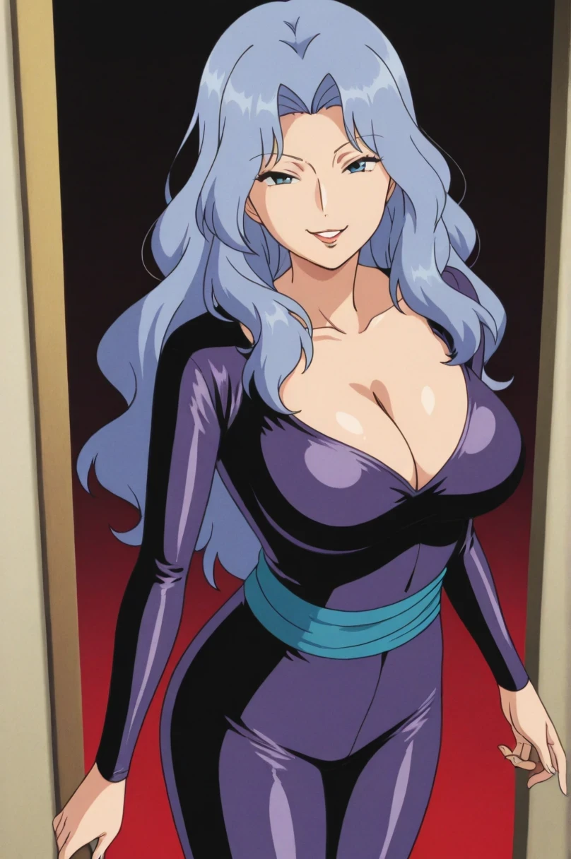 傑作、best quality、best resolution、best image quality、amazing quality、 very aesthetic、 absurdres、anime coloring、anime screencap、anime screenshot、1woman 、 <lora:pkmnkaren-illu-nvwls-v1-000006:1> 、 pkkar 、 solo 、light blue hair 、very long hair 、light blue eyes 、parted bangs 、parted lips 、juicy lips 、very large breasts 、cleavage 、large boobs 、large tits 、mature female 、collarbone 、deltoids 、purple bodysuit 、collarless、long sleeves、outfit:bodysuit 、cyan sash 、sash 、tight bodysuit 、seamless 、purple high heels 、tall woman 、standing 、cowboy shot 、looking at viewer 、female focus 、dutch angle 、smile、elegant、elegant smile、sexy smile、smug、evil smile、cat's eye style、