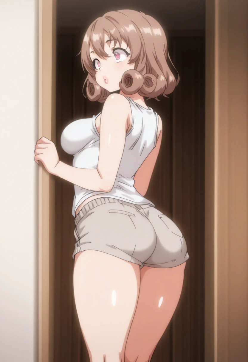White sports braを着けている一人の女の子((From behind)),Light brown hair,blue eyes,short hair,Small breasts,Blushed,Curvy Girls,White sports bra,plump,Sexy look,Bent over((Spread your legs)),Crouching,Standing in front of a wall((From behind)),Place both hands on the wall((From behind)),turn around((face))