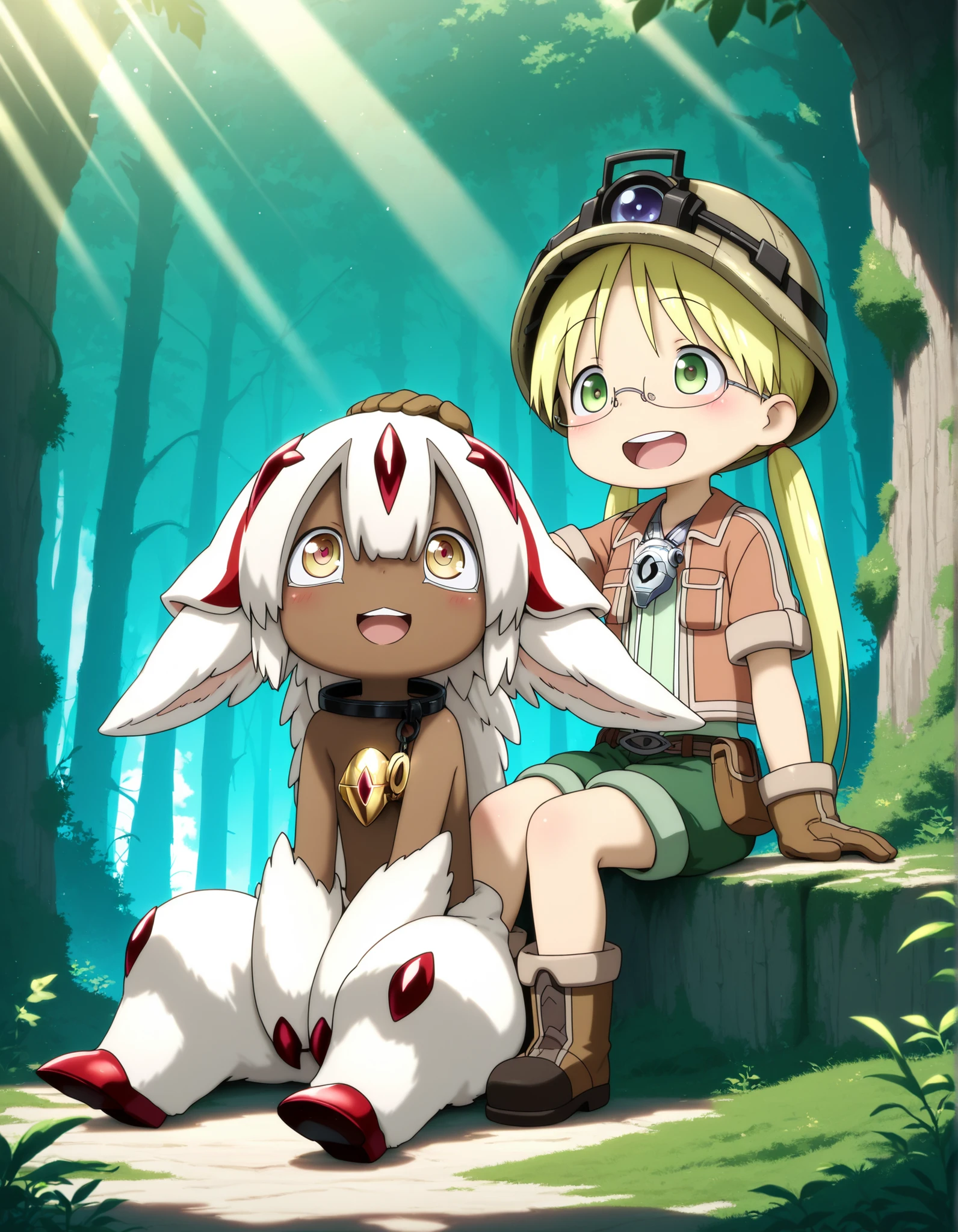 (masterpiece), (best quality), highres, anime style, illustration, made in abyss, riko (made in abyss), faputa (made in abyss), 2girls, duo, full body, outdoor, ancient forest, jungle, ruins, moss, stone pillars, dappled sunlight, light rays, cinematic lighting.
(riko details), blonde hair, twintails, green eyes, glasses, explorer outfit, helmet with light, whistle around neck, green shorts, boots, gloves, holding leash, looking at faputa, smiling, gentle expression, hand on head, petting.
(faputa details), white fur, dark skin, red claws, four ears, golden eyes, jewels on head, collar, leash, sitting, looking up, blushing, happy, open mouth, cute, feral.
