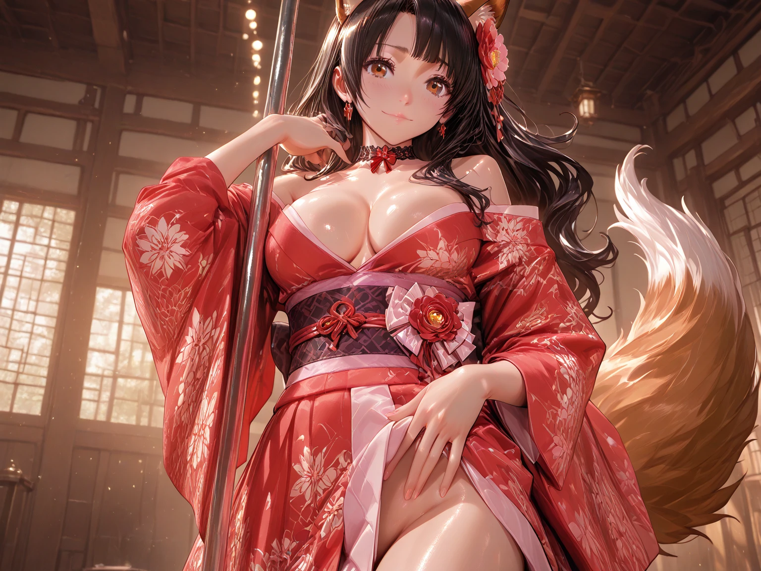 (Fox Girl, Fox Ears, Black colored hair, Fox Makeup, One Girl, Long Hair:1.2), (kimono, Kimono with open chest, A beautiful kimono with red and black patterns, I can see her cleavage, Open chest, Show bare skin, Skin is visible, Exposed skin:1.8), (Body size is 100-70-90!, Nice body, Big Breasts, Soft breasts, Emphasize cleavage, With legs apart, Show off your thighs, With legs apart, Muscular, Abdominal muscles, Sixpad:1.3), Avatar, face, lewd face, Dominant representation, naughty face, Uplifting, Skin Texture, outside, Grassy field