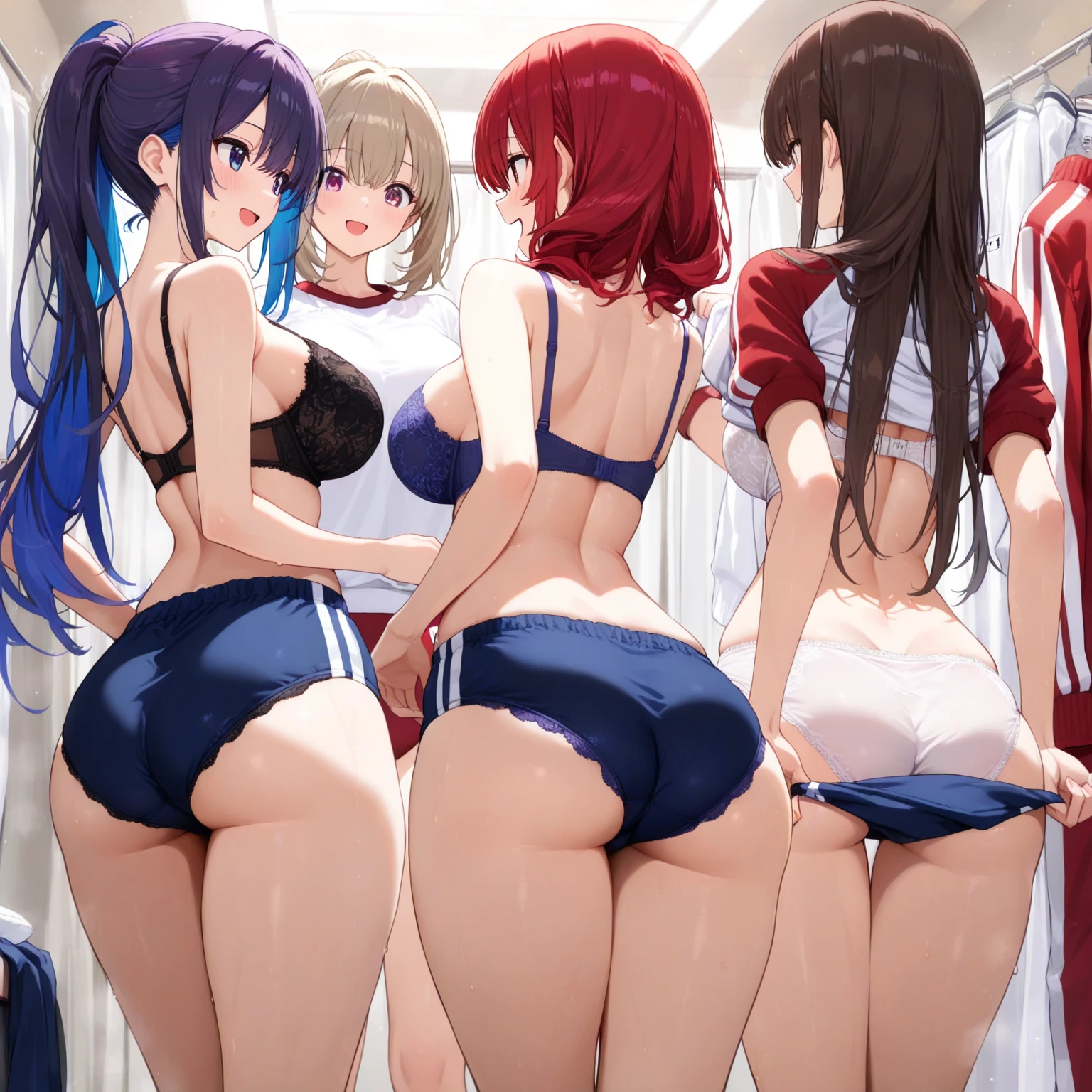 (((masterpiece, Highest quality, High resolution, 超High resolution, Perfect Pixel, Depth of written boundary, 4K, RTTX 10.0))), Beautiful Anime Woman, Beautiful art style, Anime characters, ((Smooth texture, Realistic texture, Anime CG Style)), Exact finger count、Exact number of legs、(Exact number of arms:1.0, Exact number of hands:1.0), (Perfect hands, Perfect ), Cinematic, Realistic, Extremely detailed CG, Daytime lighting, Perfect lighting, Best Shadow, The best natural light, whole body, Perfect body, バランのとれたPerfect body, Perfectly balanced style, (Slender body:1.2), Small face, ((bangs, Various hairstyles, Stylish hairstyle)), ((Rear view of three cute adult women chatting and changing in a changing room:1.8)), (( and cute white ,  and cute light blue ,  and cute pink , vivid colored underwears:1.3), (Stylish shiny satin panties, Side-tie panties, Panties with lace trim:1.3), (Knee socks:1.3), loafers:1.3), (School changing room, locker room, There are clothes hanging on hangers in the locker.:1.5), , In , whole body, All three are the same height, Accurate perspective, (Taking pictures secretly:1.3)