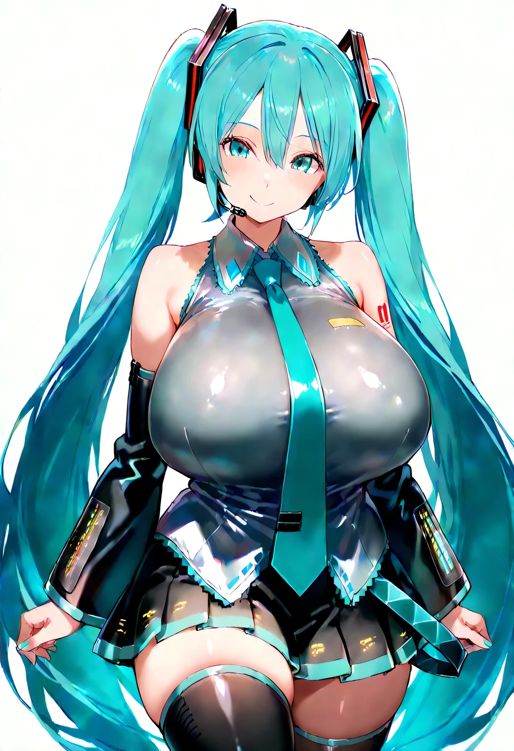long hair, twin tails, very long hair, blue hair, blue eyes, smile, hair ornament, Hatsune Miku, aqua hair, skirt, detached sleeves, necktie, aqua eyes, (huge breasts), knee shot