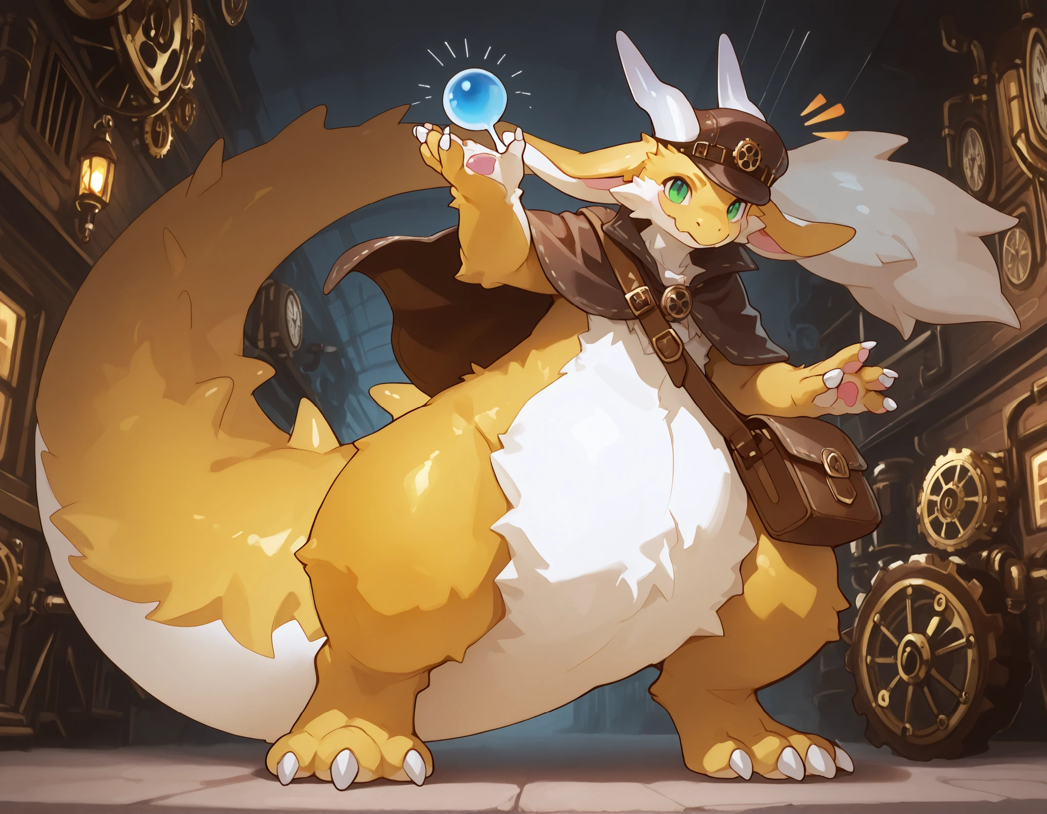 full body, furry, dragon, wide bottom, heavy bottom, wided legs, long digitigrade leg, giant pearshape body, no nipple,(detailed face),4k ultfigurelity, (4k half body view:1.0),ultra high detailed body,feral dragon,(cute face:1.3),yellow fur,green eyes,white belly fur,enormous body,(long ears),(big ears),(big horns),white horns,(dropping ears),long tail,thick tail,big tail,(brown cloak),(smaller head),(enomorous body),hyper tail,(postman),(messenger bag),postman cap,gigantic body,(steampunk style)