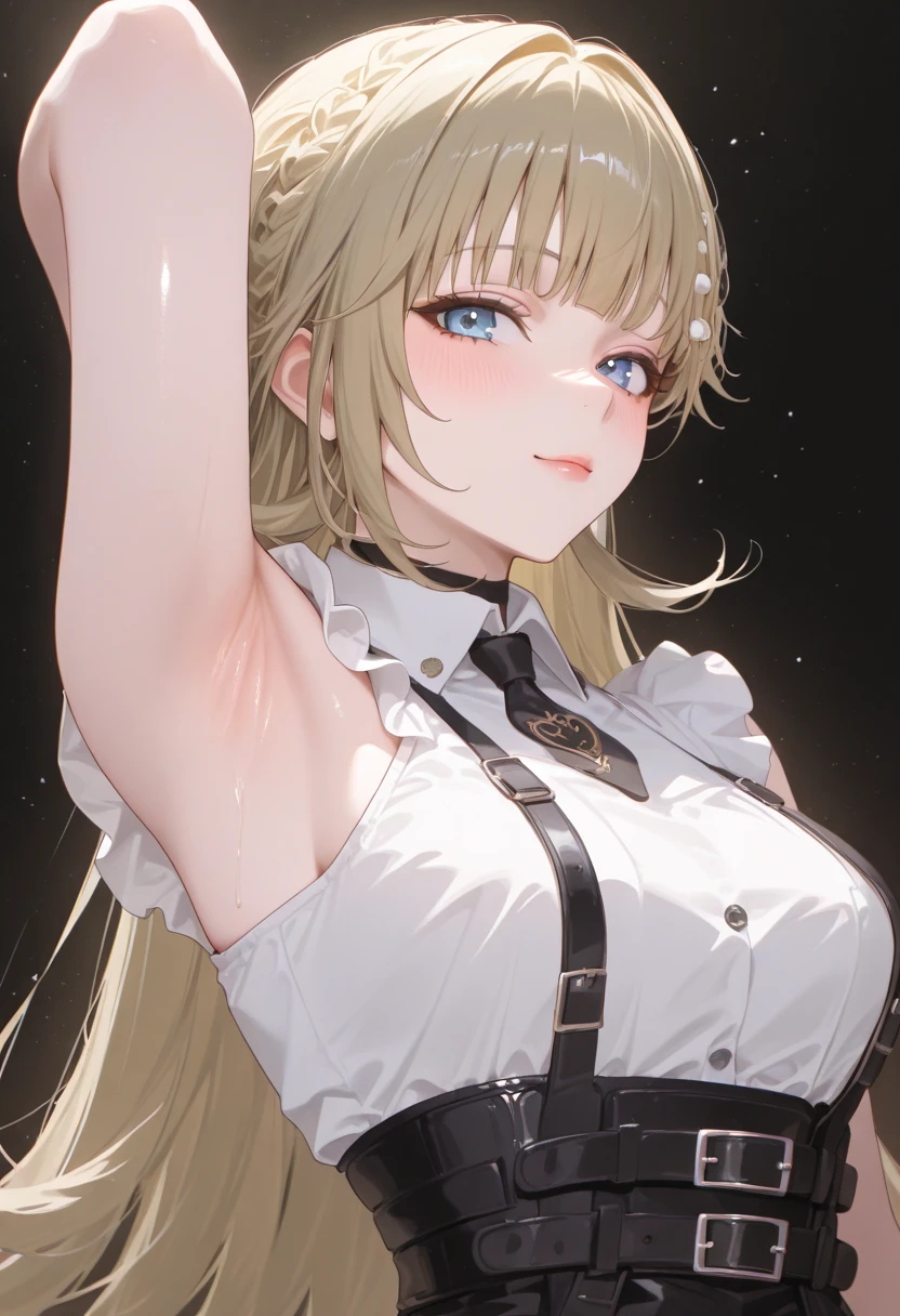 General Details: very detailed, very high resolution, exceptionally high resolution, exceptionally detailed, best quality, 3D artwork, perfect lighting and shading, perfect work, 1 girl, beautiful hands, perfect hands
Not  (): (:-1.5)
Clothing: clothing, (simple dark grey pleated short skirt:1.4), (shiny gold-buckled black leather belt:1.3), (dark blue bow tie:1.2), short sleeves, white shirt, white buttoned shirt
 Expression: small smile at the corner of the mouth, very sly eyes
Pose: standing, modeling, looking at the viewer
Character Traits: slender, kawaii, perfectly symmetrical face, soft pinkish cheeks, super cute girl, super cute face, exceptionally detailed eyes, exceptionally detailed hair, extremely cute, extremely beautiful
Background: stargazing field, night, dark, deep depth of field, exceptionally detailed background
Additional Physical Traits: large B-cup breasts, wide hips, large thighs, beautiful long legs, , short
Hairstyle: (ahoge:1.2), (short bob with  bangs), one side ponytail on the left, hair between the eyes, pale yellow hair with white tips, bright purple eyes.