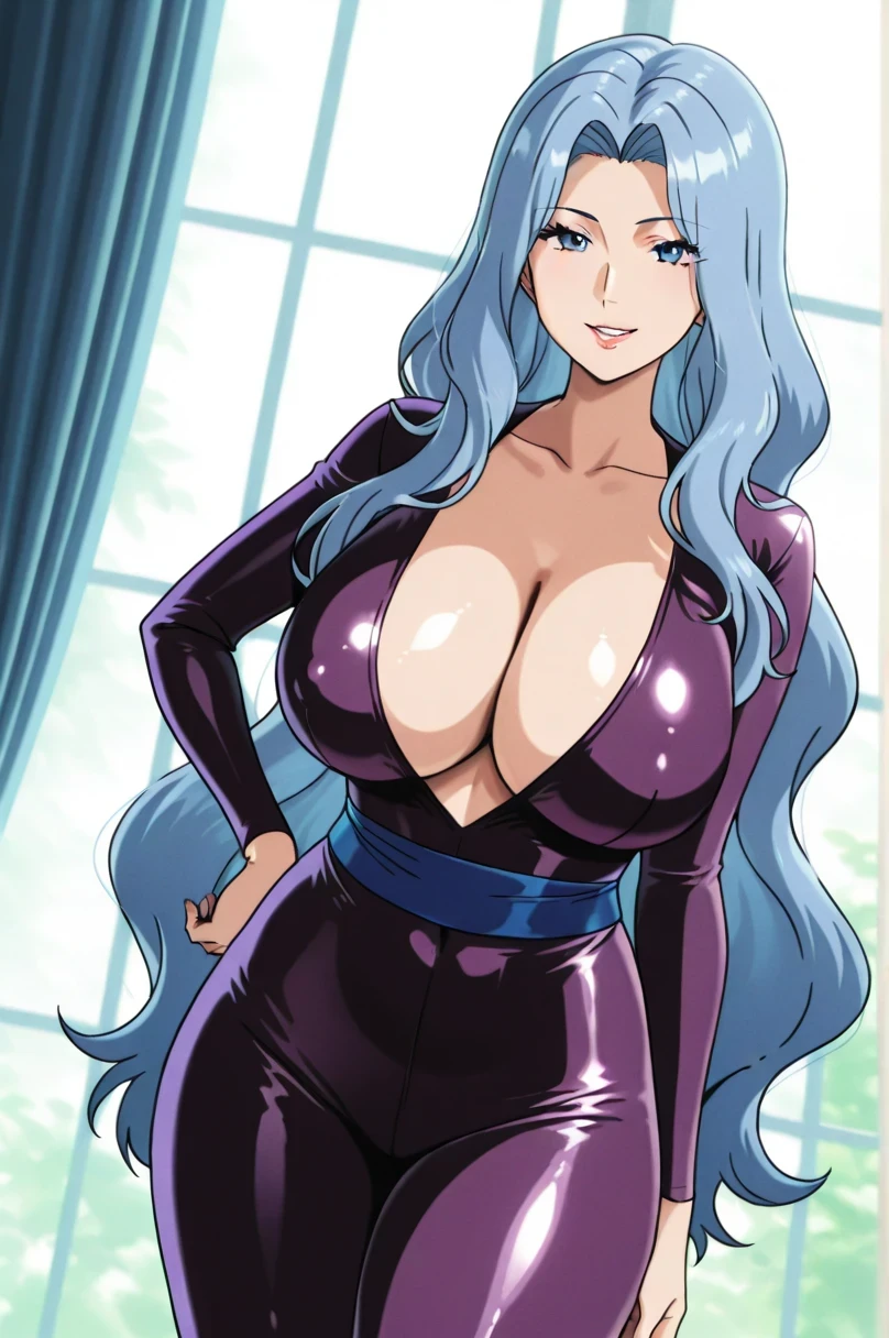 傑作、best quality、best resolution、best image quality、amazing quality、 very aesthetic、 absurdres、anime coloring、anime screencap、anime screenshot、1woman 、 <lora:KarenPokemon_illustrious_v1:1> 、KarenPokemon  、 solo 、light blue hair 、very long hair 、light blue eyes 、parted bangs 、parted lips 、juicy lips 、very large breasts 、cleavage 、large boobs 、large tits 、mature female 、collarbone 、deltoids 、purple bodysuit 、collarless、long sleeves、outfit:bodysuit 、cyan sash 、sash 、tight bodysuit 、seamless 、purple high heels 、tall woman 、standing 、cowboy shot 、looking at viewer 、female focus 、dutch angle 、smile、elegant、elegant smile、sexy smile、smug、evil smile、cat's eye style、