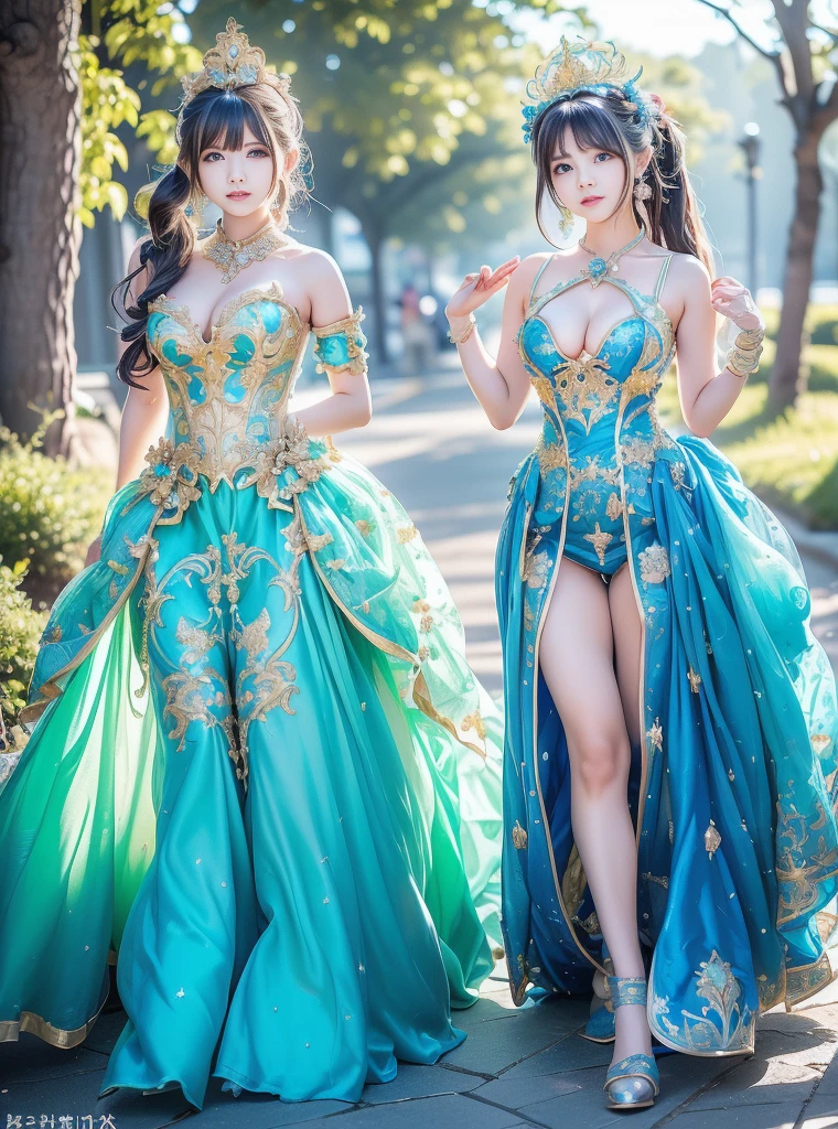 Highest image quality, 8K quality, masterpiece, Two busty women standing side by side, Super big breasts compressed with clothes, Whitening skin, shining blue eyes, ,net neck mini dress, above the knee, Skirtliftv1, (Beautiful butt sticking out:1.4), Super big breasts straight ahead composition, (white ), (beautiful ass)