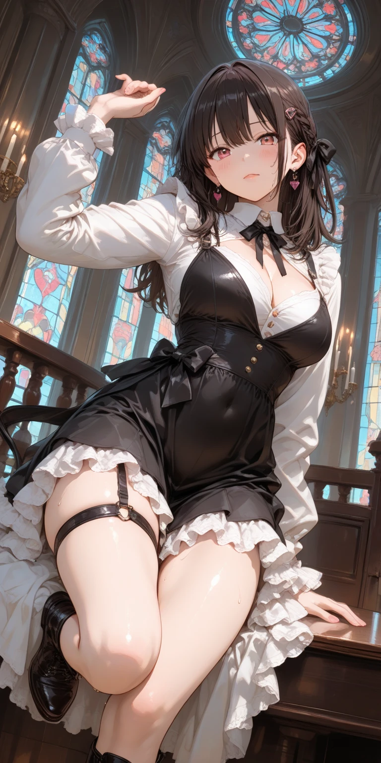masterpiece, best quality, realistic, photorealistic, great lighting, ultra-detailed, dynamic angle, perfect face, (bright lighting:1.2),beautiful detailed eyes, extremely detailed face, perfect lighting,

1girl, black twintail hair, glasses, clothes about to come off,

gothic lolita costume, frills, skirt, stockings, high-heeled shoes,

Composition looking up from below, classroom, straddle a chair, M leg, lift up one's skirt, 

sweaty, wet body, navel out, thighs out, ????????, large ??????, slim, slender, translucent body, Transparent, Embarrassed expression, blush, ((White panties, ????????)),