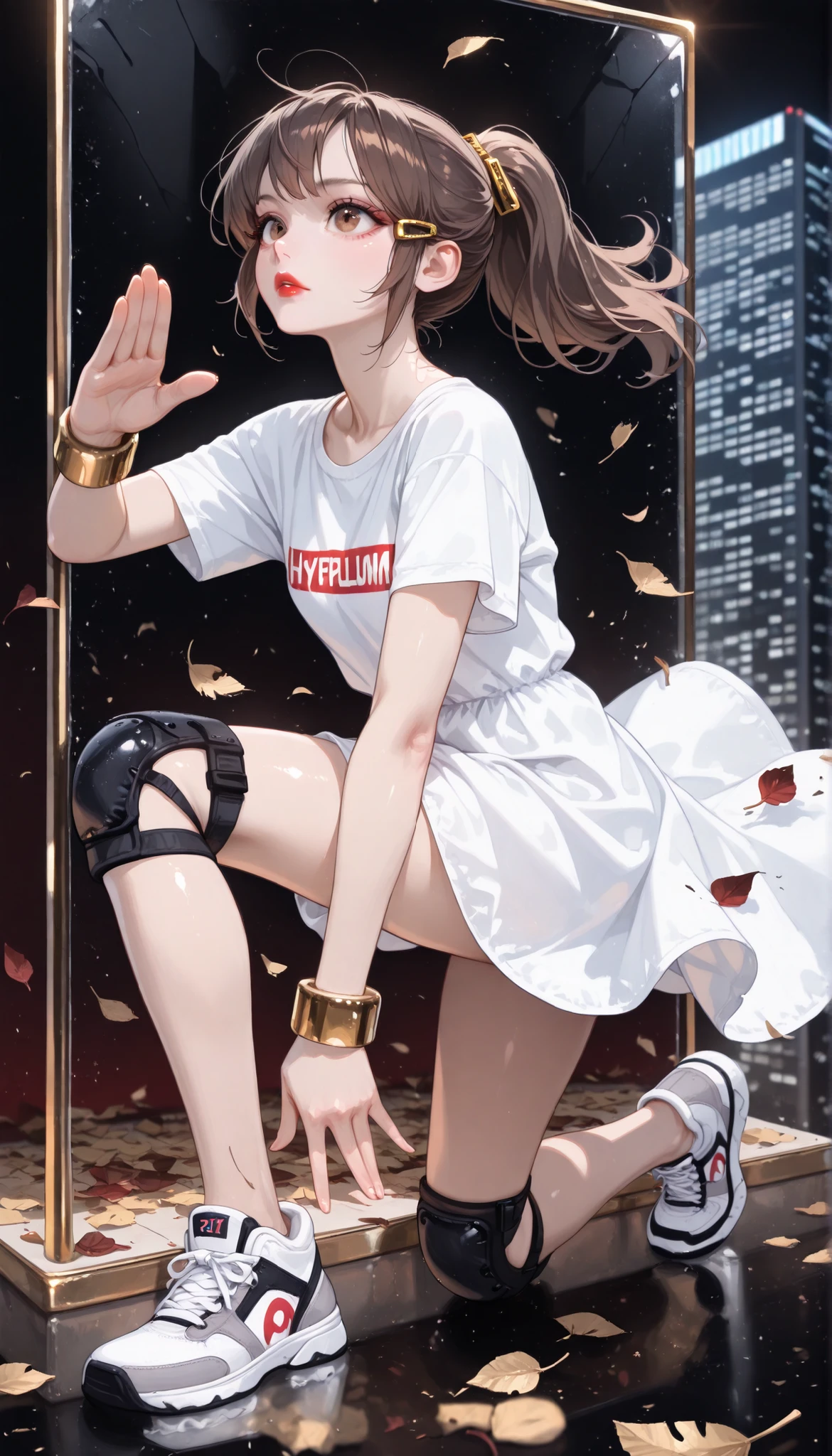 ((RAW Photo), Absurdities, (Absurd Resolution)), ((Hyperrealism, Photorealism)), (Maximum Quality, 16k, Masterpiece, Ultra Detailed) (beautiful girl, 21 years old), (sharp pupil, brown eye), (brown hair, ponytail, gold tube clips), (made-up, red lips), (outfit: sundress, white t-shirt, thigh pads, wristbands, sneakers), (fighting stance, kawaii style, wind, fallen leaves), (background: glass skyscraper), volumetric lighting, (Photographic Perspective). «SunPuma S»