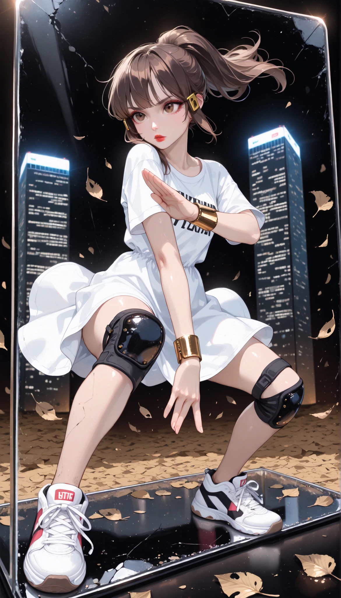 ((RAW Photo), Absurdities, (Absurd Resolution)), ((Hyperrealism, Photorealism)), (Maximum Quality, 16k, Masterpiece, Ultra Detailed) (beautiful girl, 21 years old), (sharp pupil, brown eye), (brown hair, ponytail, gold tube clips), (made-up, red lips), (outfit: sundress, white t-shirt, thigh pads, wristbands, sneakers), (fighting stance, kawaii style, wind, fallen leaves), (background: glass skyscraper), volumetric lighting, (Photographic Perspective). «SunPuma S»