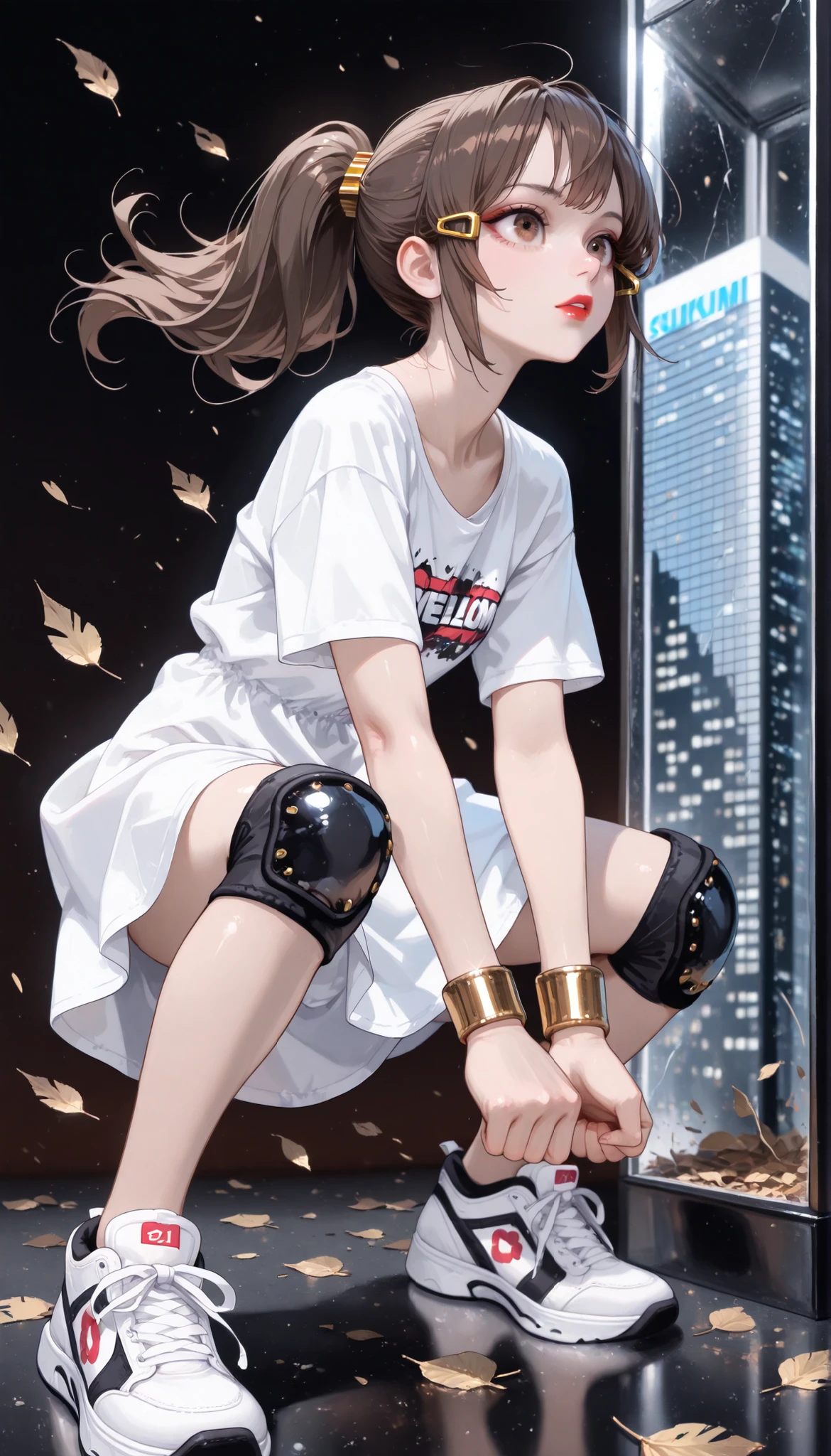 ((RAW Photo), Absurdities, (Absurd Resolution)), ((Hyperrealism, Photorealism)), (Maximum Quality, 16k, Masterpiece, Ultra Detailed) (beautiful girl, 21 years old), (sharp pupil, brown eye), (brown hair, ponytail, gold tube clips), (made-up, red lips), (outfit: sundress, white t-shirt, thigh pads, wristbands, sneakers), (fighting stance, kawaii style, wind, fallen leaves), (background: glass skyscraper), volumetric lighting, (Photographic Perspective). «SunPuma S»