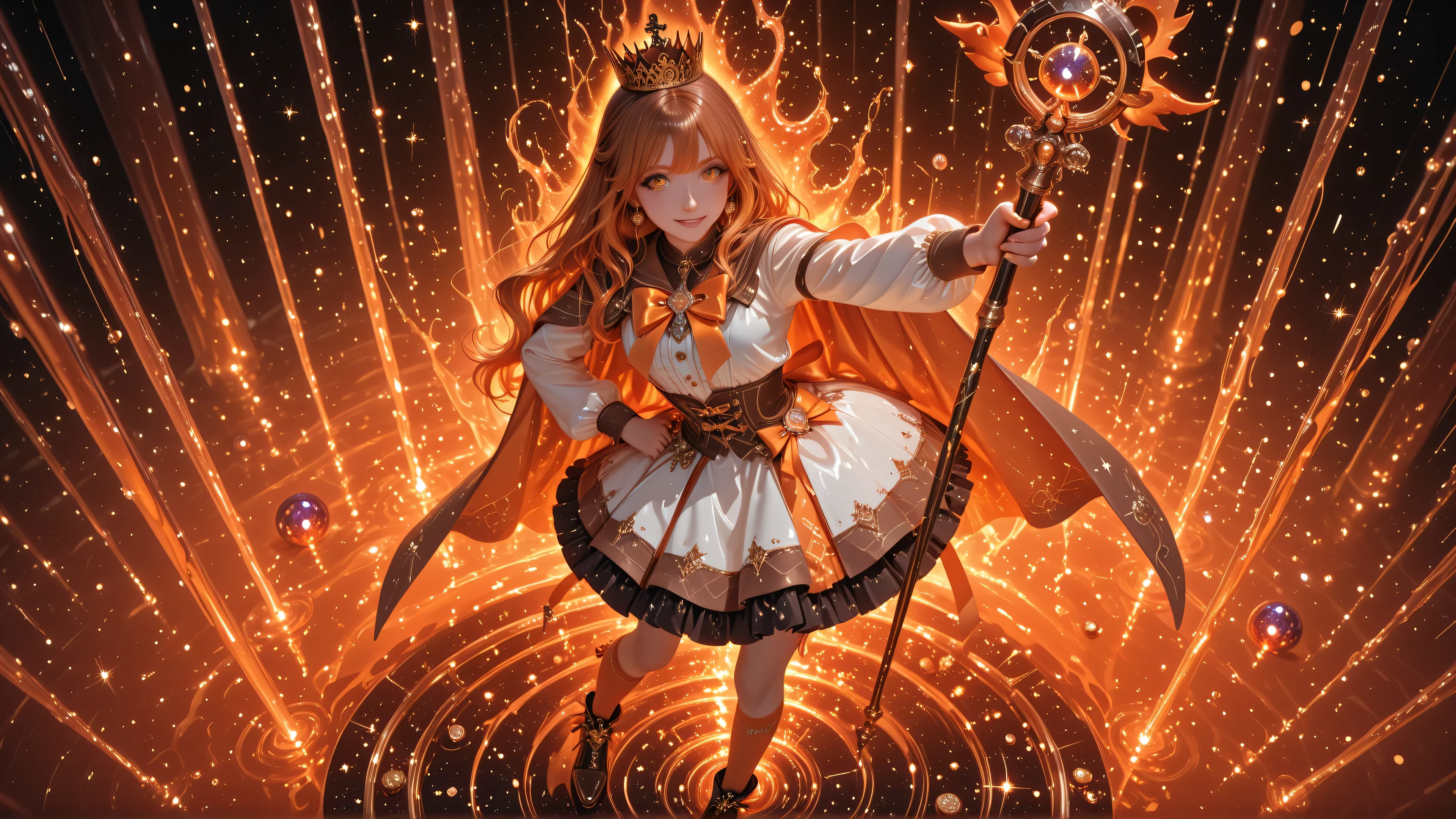 ((Details)), Perfect Eyes, Excellent Photography, (8K Ultra HD), (Masterpiece), (Extremely Detailed), (Best Illustration), Lighting, Detailed Shine, (Accurate Body Anatomy), (Detailed Hands). (Five Fingers on Each Hand, 8K HD Detailed), (Detailed Eyes, 8K HD Detailed), (Beautiful Nose, 8K HD Detailed).
Description: Mahou Shoujo, Magical Girl, 1 Girl, Cosmic Marble Theater.
Key Visual Elements for the Illustration:
• Color Palette: Brown and Orange, Marble White, Orange and Glitch Effect Shadows.
• Left Hand on Hip.
• Five-Pointed Black Crown with Jewels.
• Holds a Microphone-Shaped Staff.
General Characteristics:
• Height: Medium, average and beautiful body, medium bust, oval face, pretty.
• Age: 18 years old, adolescent body.
• Skin: White.
• Hair: Very long orange, flowing like a waterfall of liquid light.
• Large and beautiful eyes: brown irises.
Magical Girl Idol Outfit with Glitter
• Ruffled skirt with straps, brown fabric.
• Closed-toe shoes with high wedges.
• Large orange bow at the lower back.
• Brown sailor-style blouse.
• Two-tone brown and orange thigh-high socks.
• Black ribbons.
• Orange ribbons.
• Cape: Small orange.
Accessories
• Coins as earrings.
• Coins falling from the sky.
Aura and Presence
• Giving a concert.
• Imposing.
• Stage presence: Smiling brightly. Looking directly at the viewer
Idol pose
• Left arm raised with open hand
View from above