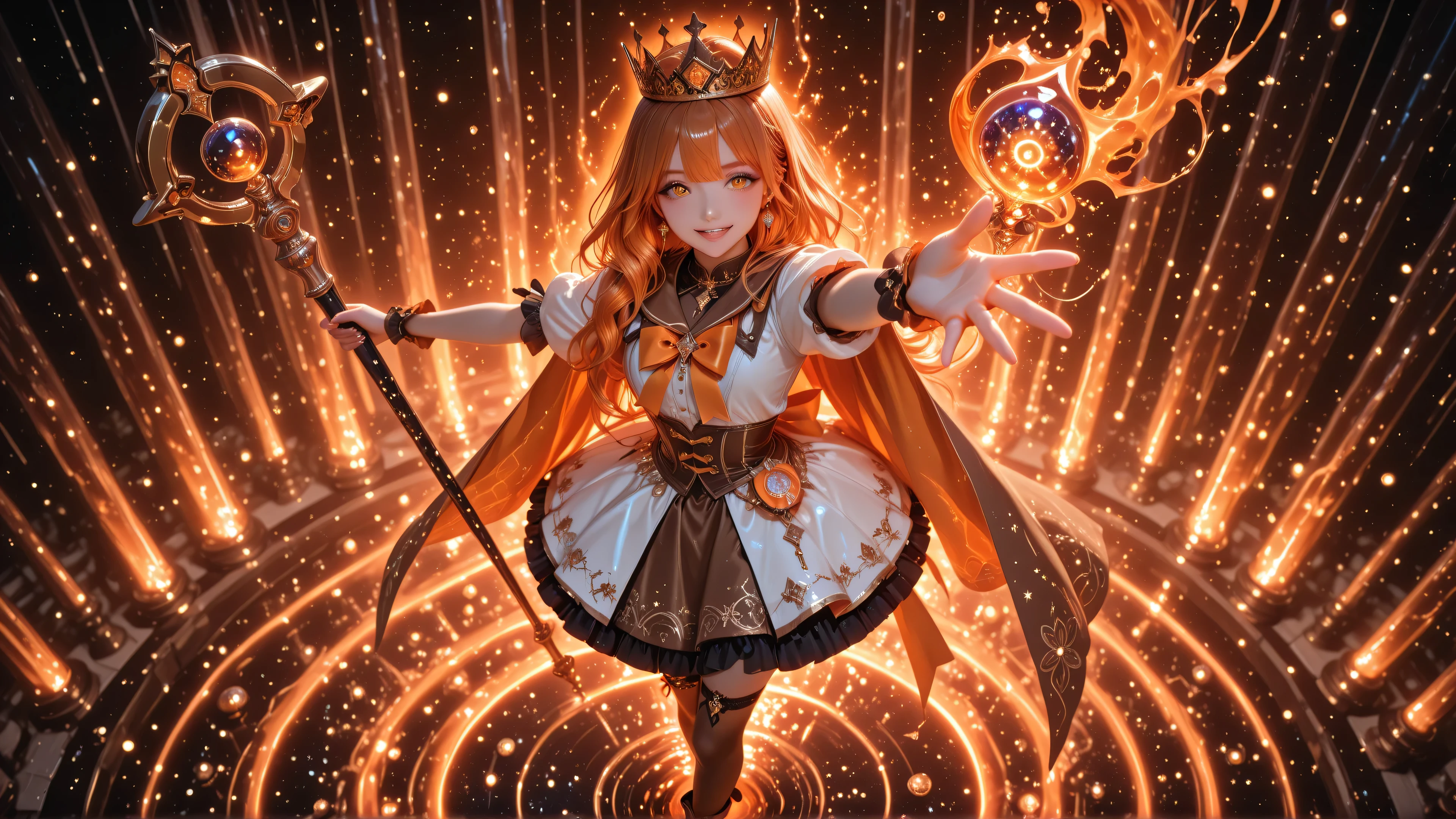 ((Details)), Perfect Eyes, Excellent Photography, (8K Ultra HD), (Masterpiece), (Extremely Detailed), (Best Illustration), Lighting, Detailed Shine, (Accurate Body Anatomy), (Detailed Hands). (Five Fingers on Each Hand, Detailed 8K HD),
Description: Mahou Shoujo, Magical Girl, 1 Girl, Cosmic Marble Theater.
Key Visual Elements for the Illustration:
• Color Palette: Brown and Orange, Marble White, Orange and Glitch Effect Shadows.
• Left Hand on Waist.
• Five-Pointed Black Crown with Jewels.
• Holds a Microphone-Shaped Staff.
General Characteristics:
• Height: Medium, average and beautiful body, medium chest, oval face, pretty.
• Age: 18 years old, adolescent body.
• Skin: White.
• Hair: Very long, flowing orange, like a waterfall of liquid light. • Large, beautiful eyes: brown irises.
Magical Girl Idol Outfit with Glitter
• Ruffled skirt with straps, brown fabric.
• Closed-toe shoes with high wedges.
• Large orange bow at the lower back.
• Brown sailor-style blouse.
• Two-tone brown and orange thigh-high stockings.
• Black ribbons.
• Orange ribbons.
• Cape: Small orange.
Accessories
• Coins as earrings.
• Coins falling from the sky.
Aura and Presence
• Giving a concert.
• Imposing.
• Stage presence: Smiling brightly, looking directly at the viewer.
Idol Pose
• Left arm raised with open hand. View from above.