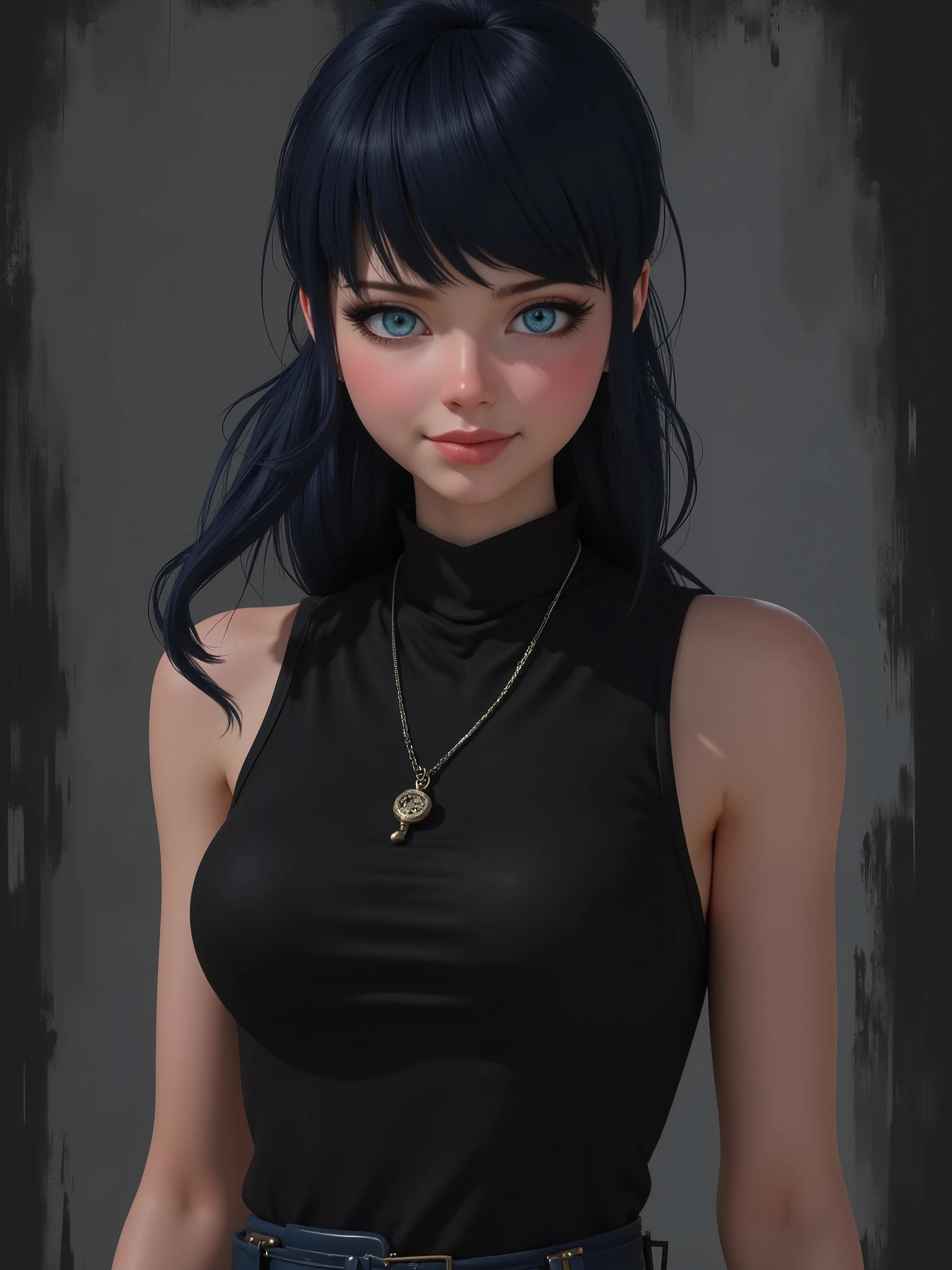 marinette Dopanchan, mankafactor style, A very beautiful and cute 22 year old woman with a slight smile. (((Shy smile))), sharp focus on the face, (((Western eyes:1.5))), (((Extremely detailed ice-blue eyes, beautiful eyes, beautifully detailed eyes))), (((delicately detailed thin pink lips))), (((long hair, shiny hair))), (((black medieval steampunk style sleeveless t-shirt))), (((Dark Blue medieval steampunk style leather warrior pants))), (((full body view, dynamic pose, standing:1.5, graceful pose))), (((The background is Dark Gray and painted with expressive, visible textures using dynamic brushstrokes and strokes that add depth and movement. The paint covers only the area just behind the subject. The outer edges of the image with black margins, as if the background had been painted with a brush and with expressive and visible textures using dynamic brushstrokes and strokes fading toward the edges creating a modern and artistic vignette effect))). Cinematic lighting, soft depth of field, (((masterpiece/high resolution/Best Quality/top quality/high quality/UHD/16k quality))), sharp focus, no blur, film grain, bokeh.